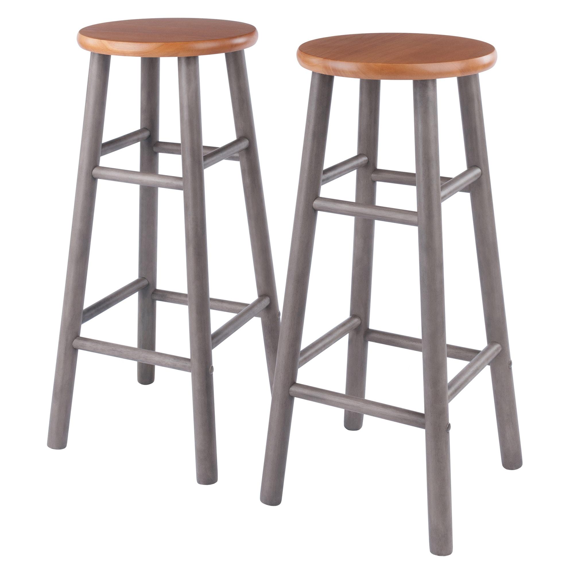 Transitional Gray and Teak Wood Backless Bar Stools, 29" Height