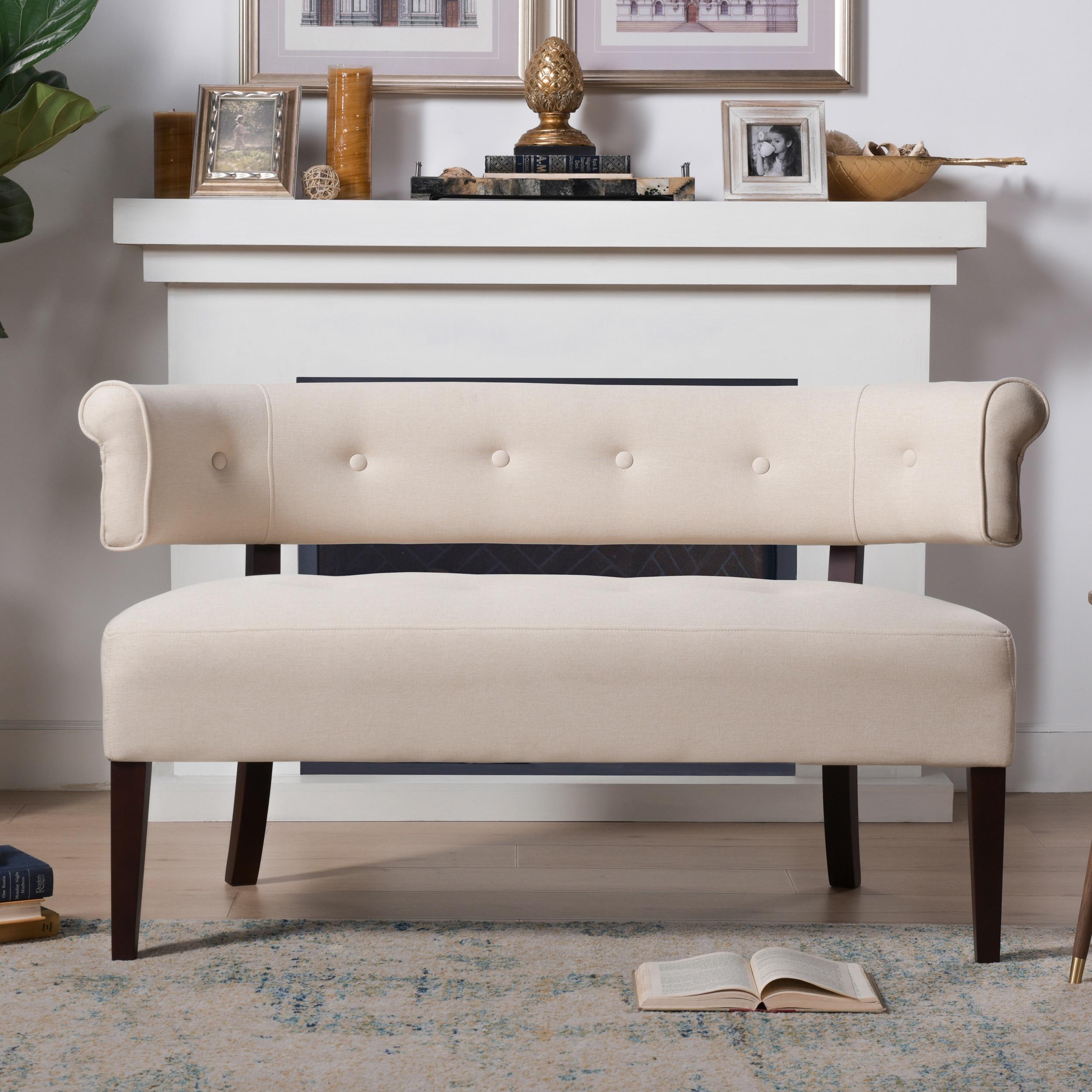 Jennifer Taylor Home Jared Roll Arm Tufted Polyester Fabric Bench, Sky Neutral Beige