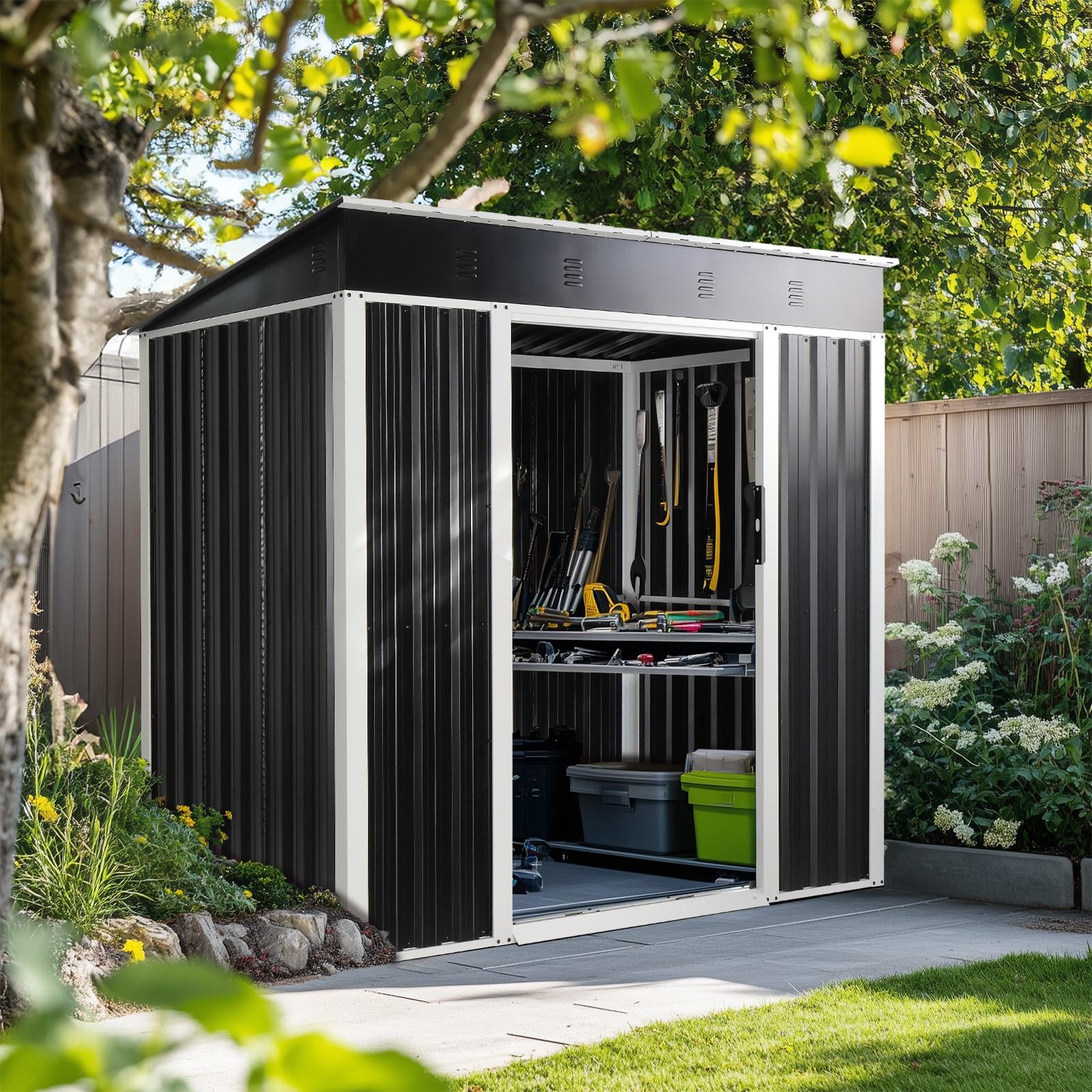 6x4 FT Black Galvanized Iron Outdoor Storage Shed with Sliding Doors