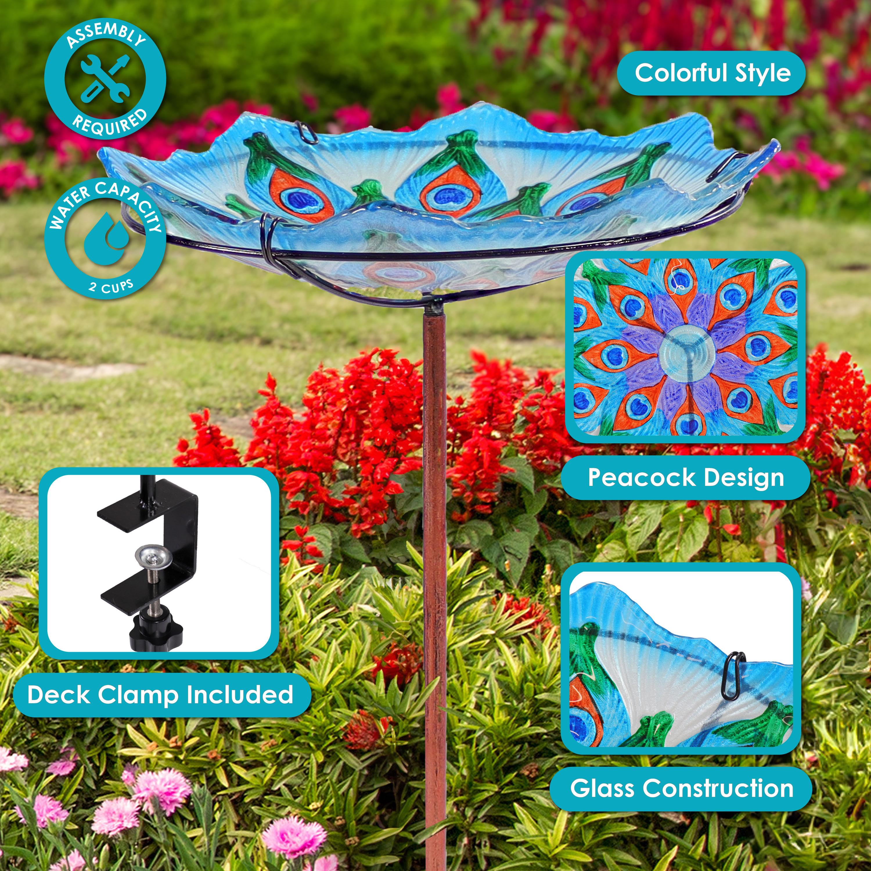 Sunnydaze Exquisite Feathers Deck-Mounted/Staked Glass Bird Bath - 11” Diameter - Turquoise