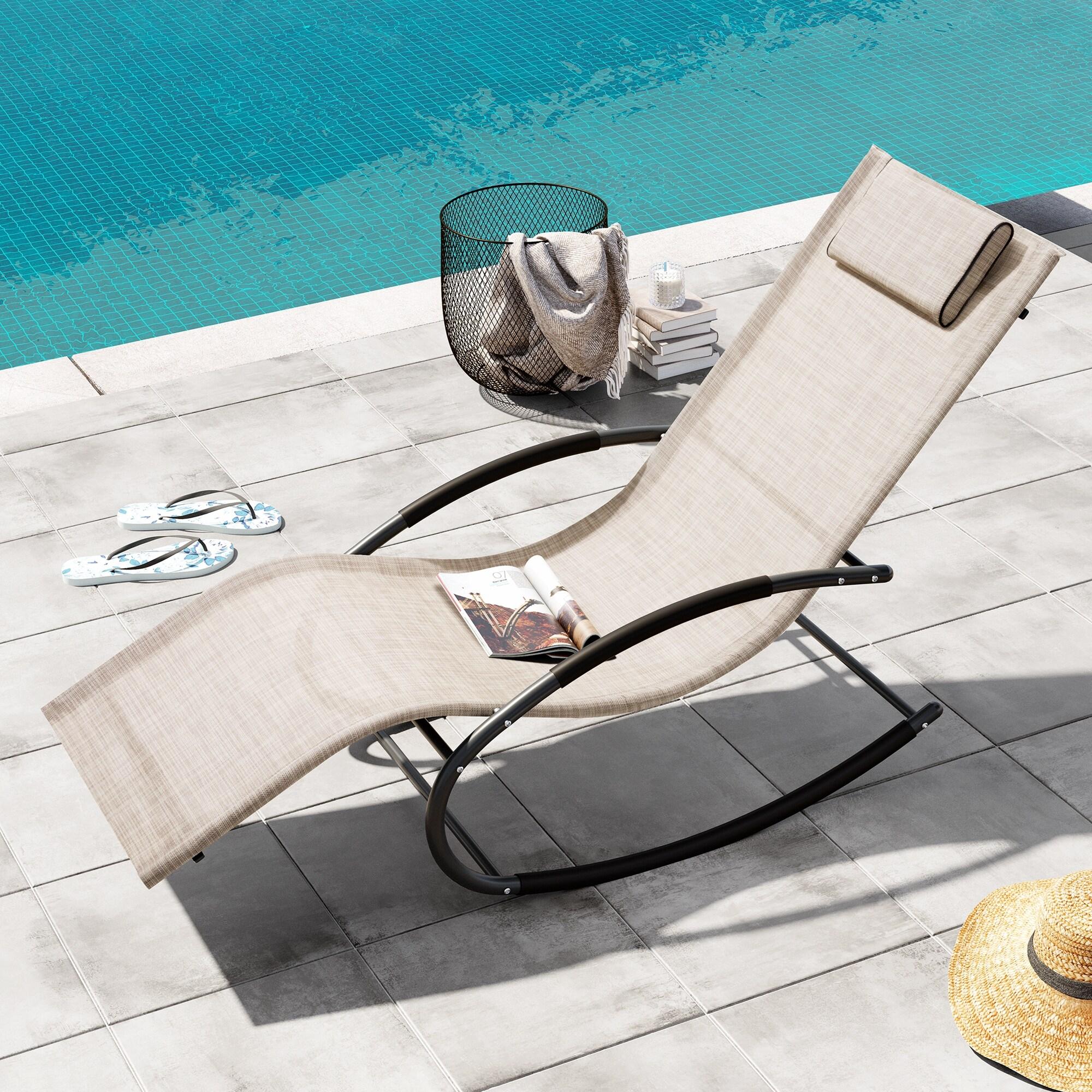 Crestlive Products Patio Outdoor Rocking Chair Curved Rocker Chaise Lounge Chair with Pillow Beige