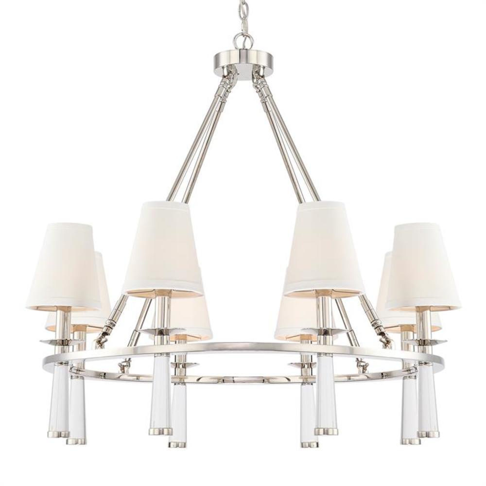 Chic Polished Nickel 8-Light Chandelier with White Silk Drum Shade