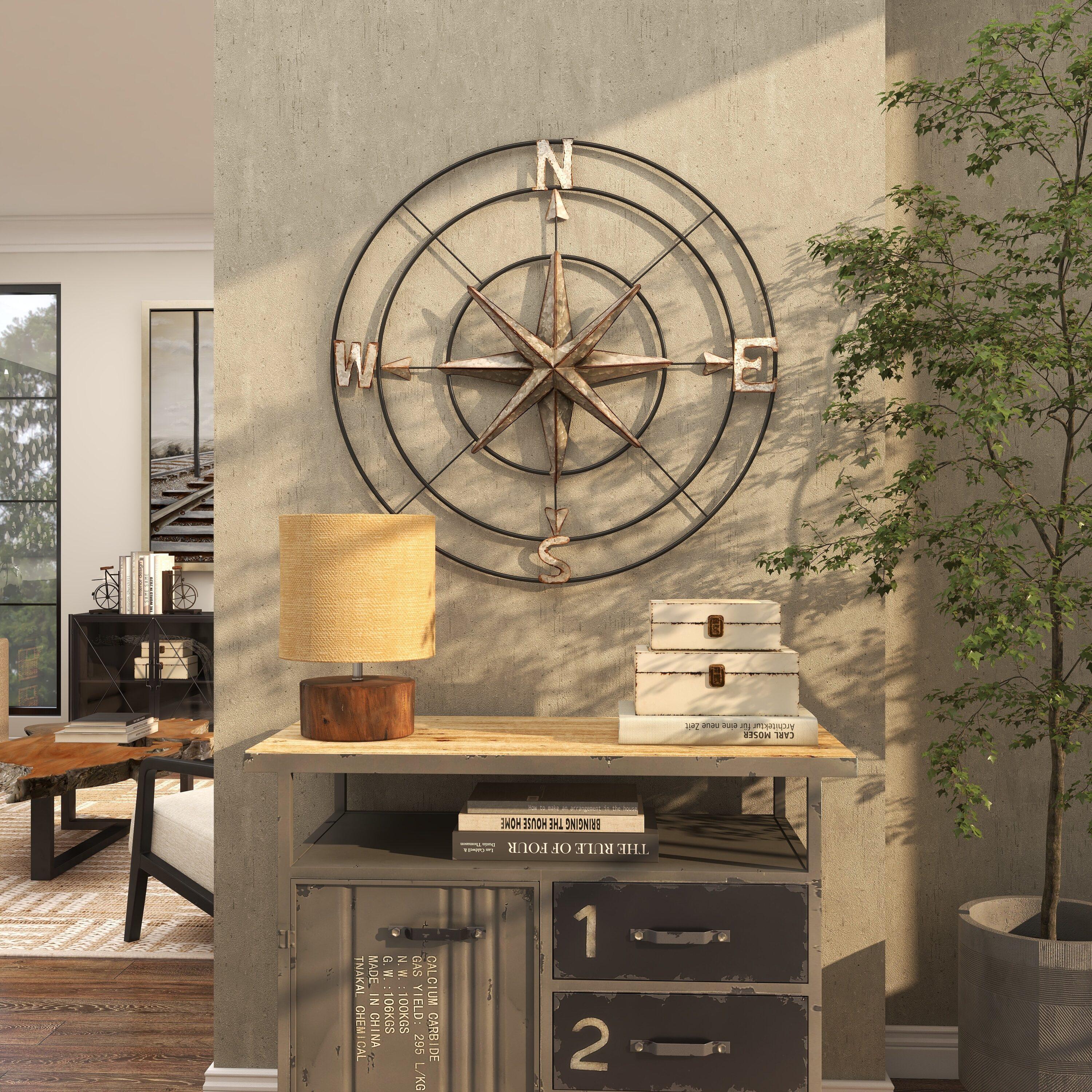 DecMode Farmhouse Metal Compass Shaped with 3D 8 Point Star Wall Décor, 32"D with Metallic Silver Galvanized Finish