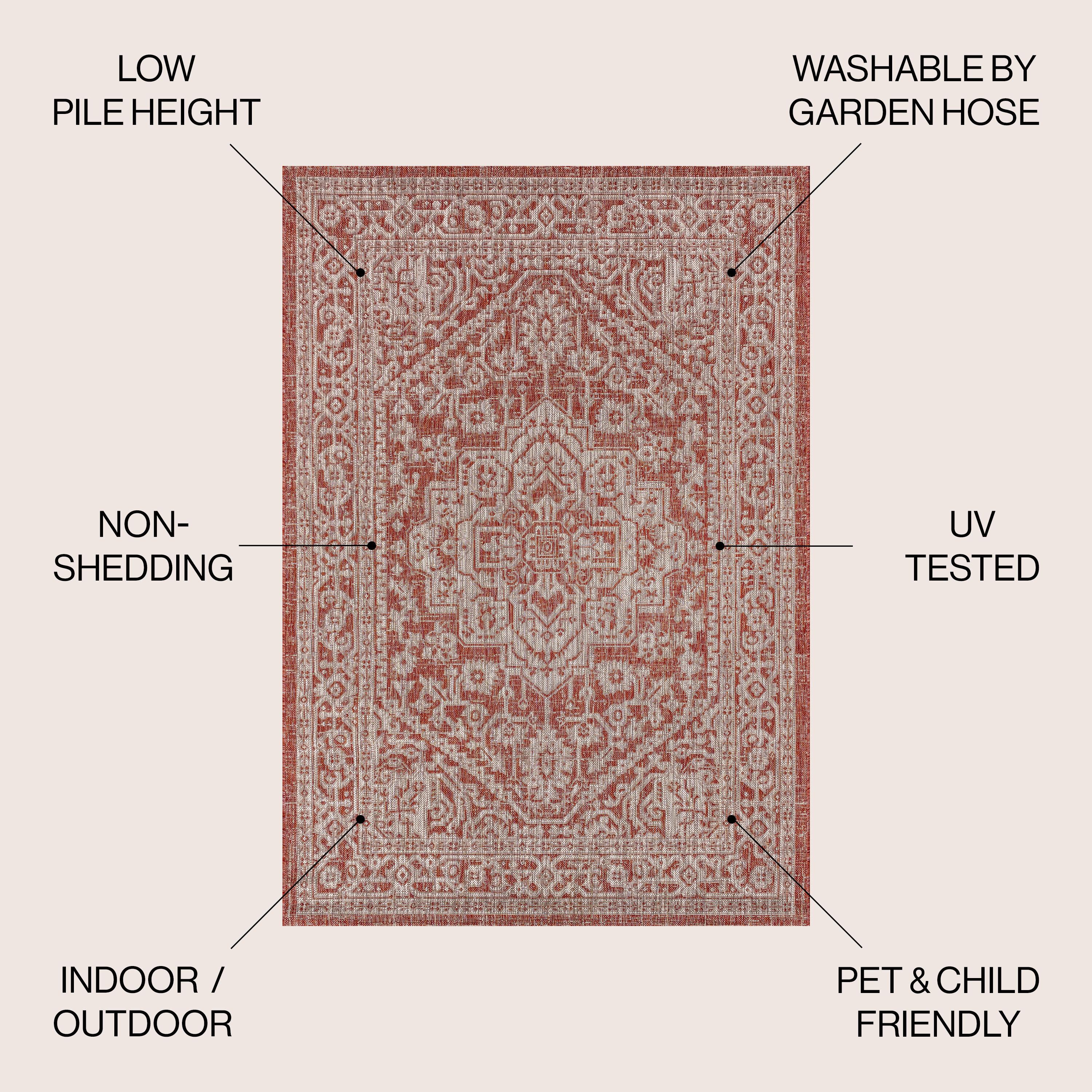 5' Square Sinjuri Medallion Textured Weave Indoor/Outdoor Area Rug, Red/Taupe - JONATHAN Y