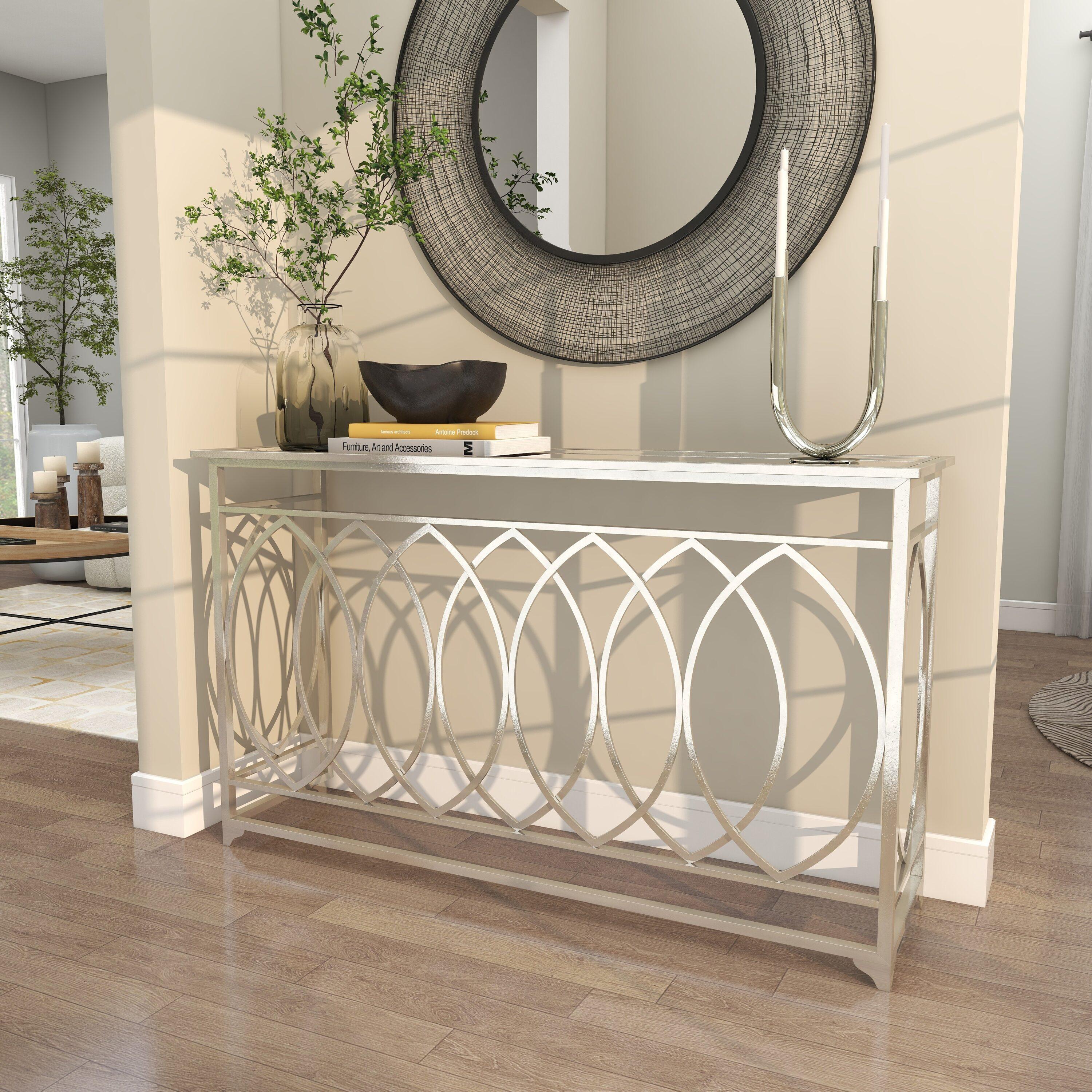 Metal Geometric Living Room Console Table with Mirrored Glass Top