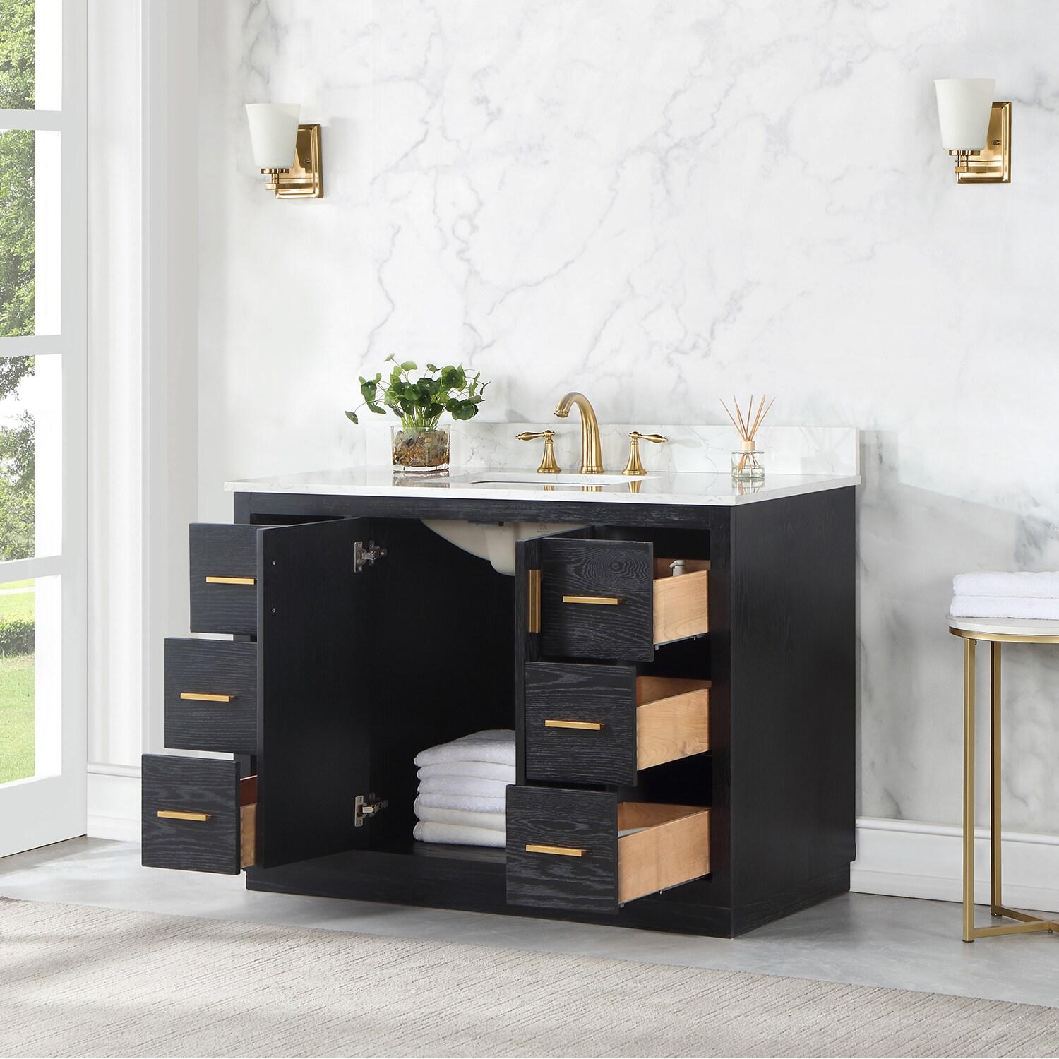 Gazsi 48" Single Bathroom Vanity Set in Black Oak with Grain White Composite Stone Countertop without Mirror