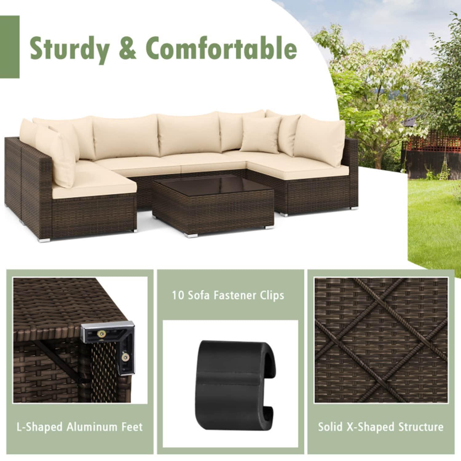 Topcobe 7 Pieces Patio Rattan Furniture Set with Sectional Sofa Cushions, Outdoor Patio Furniture-Beige