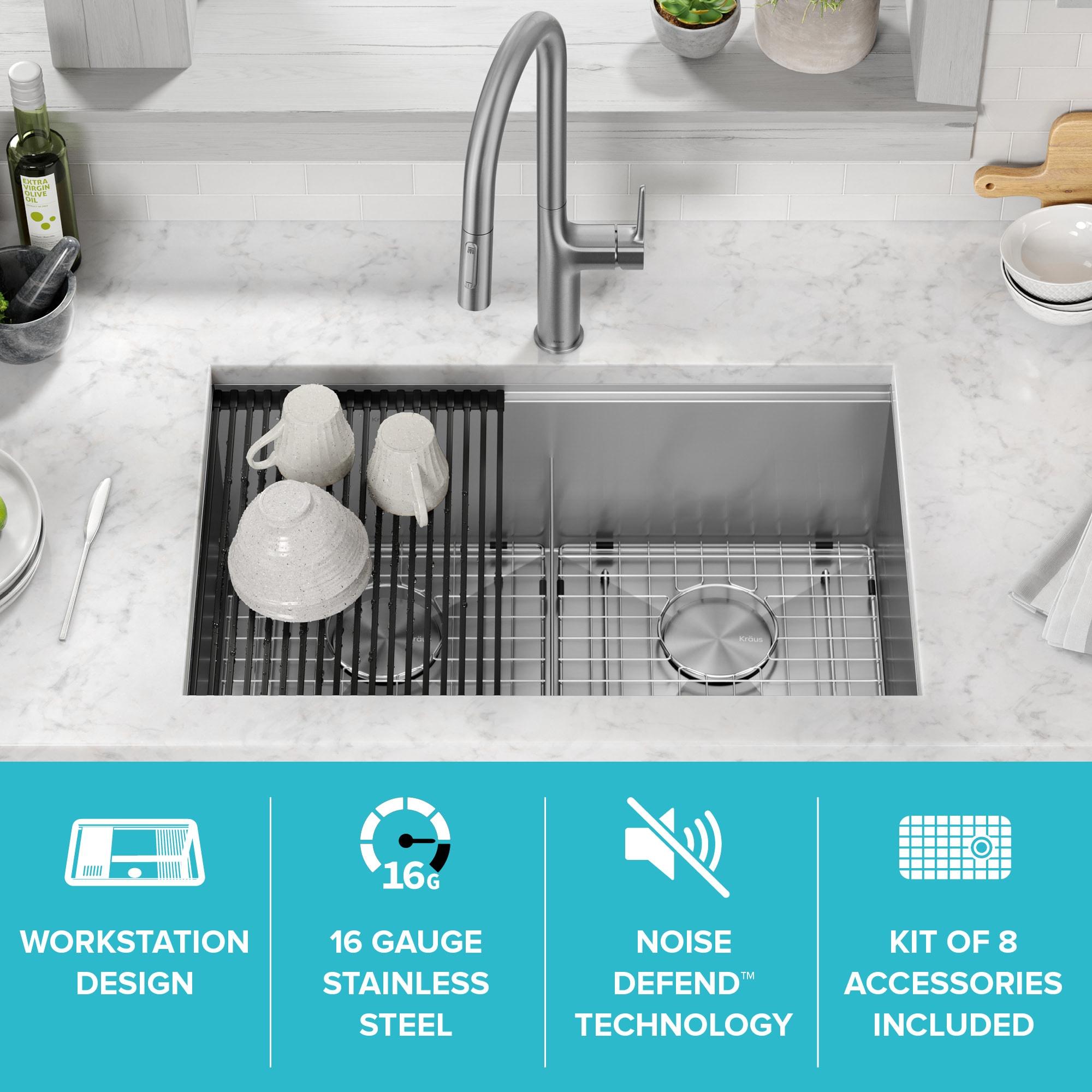 Kraus KRAUS Kore™ 30" L Undermount Workstation 16 Gauge Stainless Steel Double Bowl Kitchen Sink KWU112-30