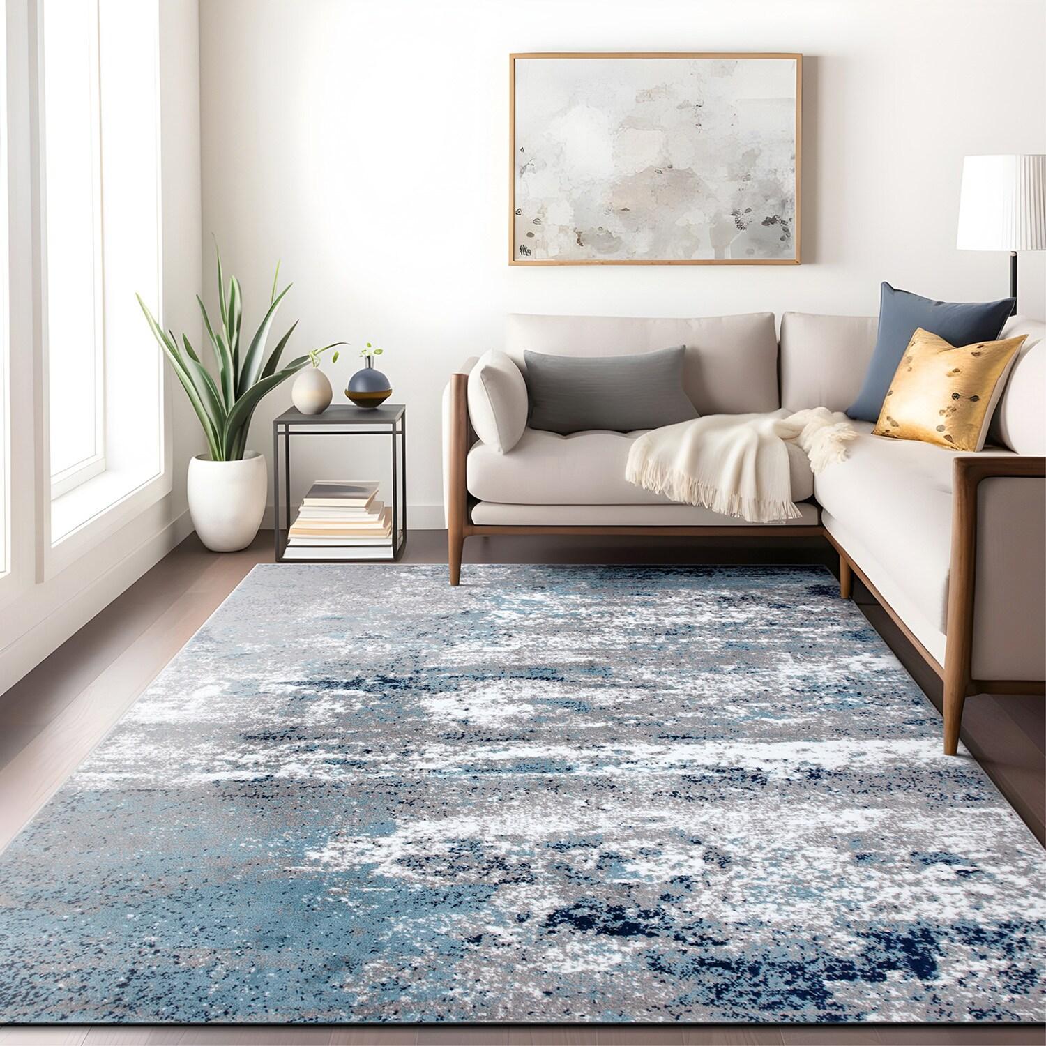 World Rug Gallery Distressed Abstract Watercolor Blue 5' x 7' Area Rug