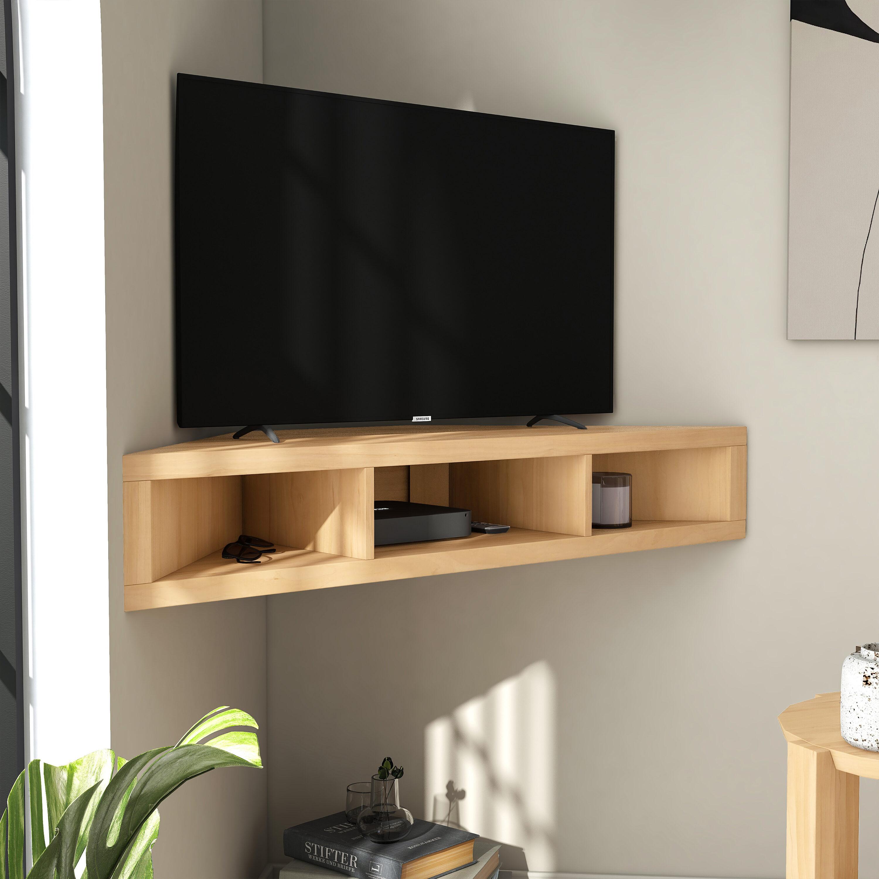 24/7 Shop At Home Tybo Open Shelves Corner Floating Console Fits TV Stand for TVs up to 50" Gingko Maple