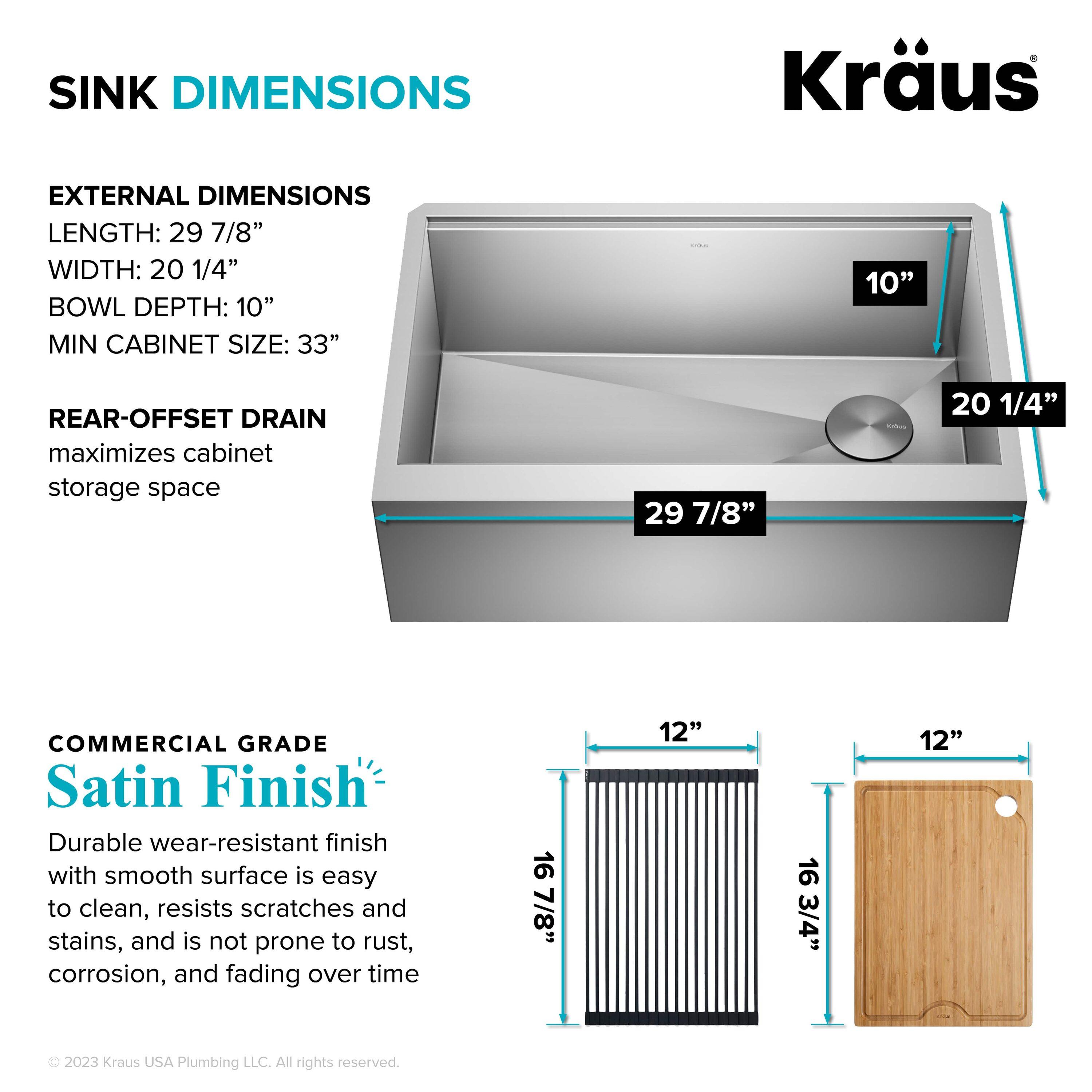 KRAUS Kore Workstation 30-inch L Farmhouse Flat Apron Front 16 Gauge Single Bowl Stainless Steel Kitchen Sink