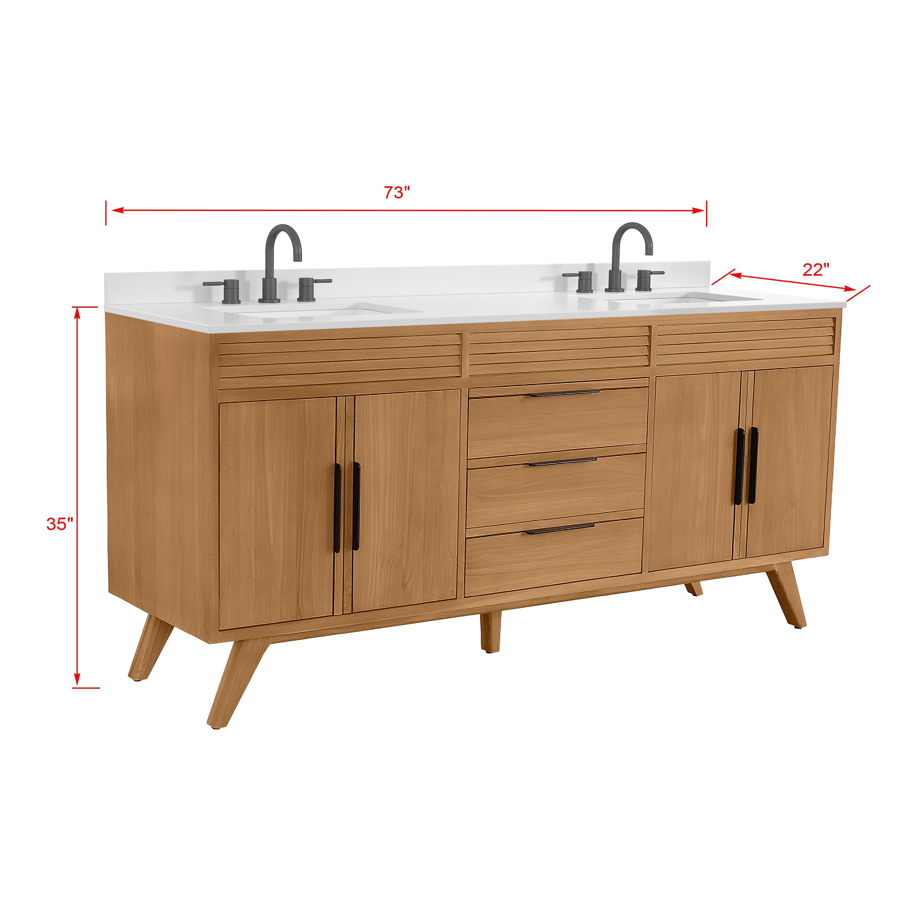 Taylor 73 In. Double Sink Bath Vanity In Natural Teak With White Quartz Top