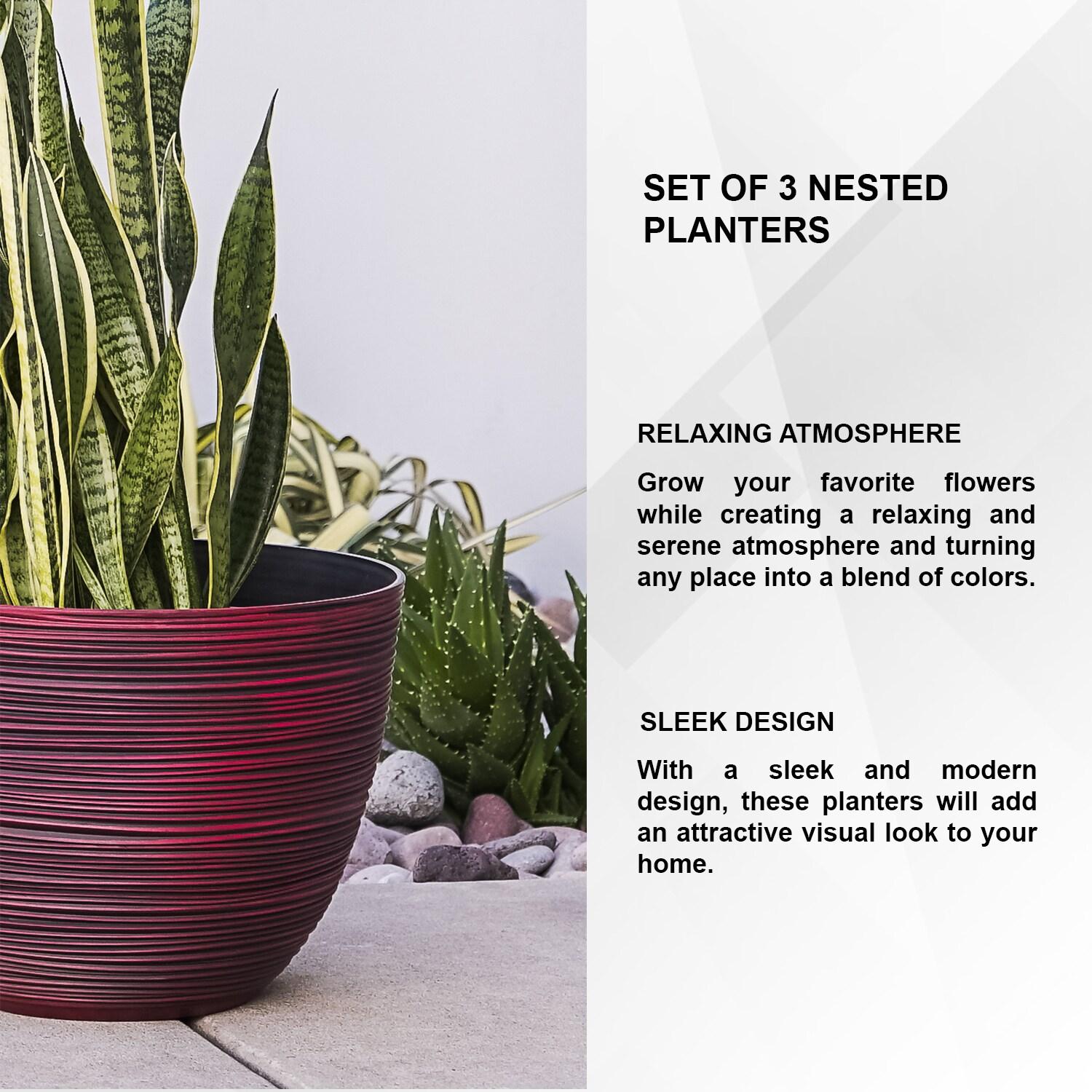 XBrand Modern Nested Round Textured Indoor Outdoor Pot Planter, Set of 3, 12 Inch Tall,