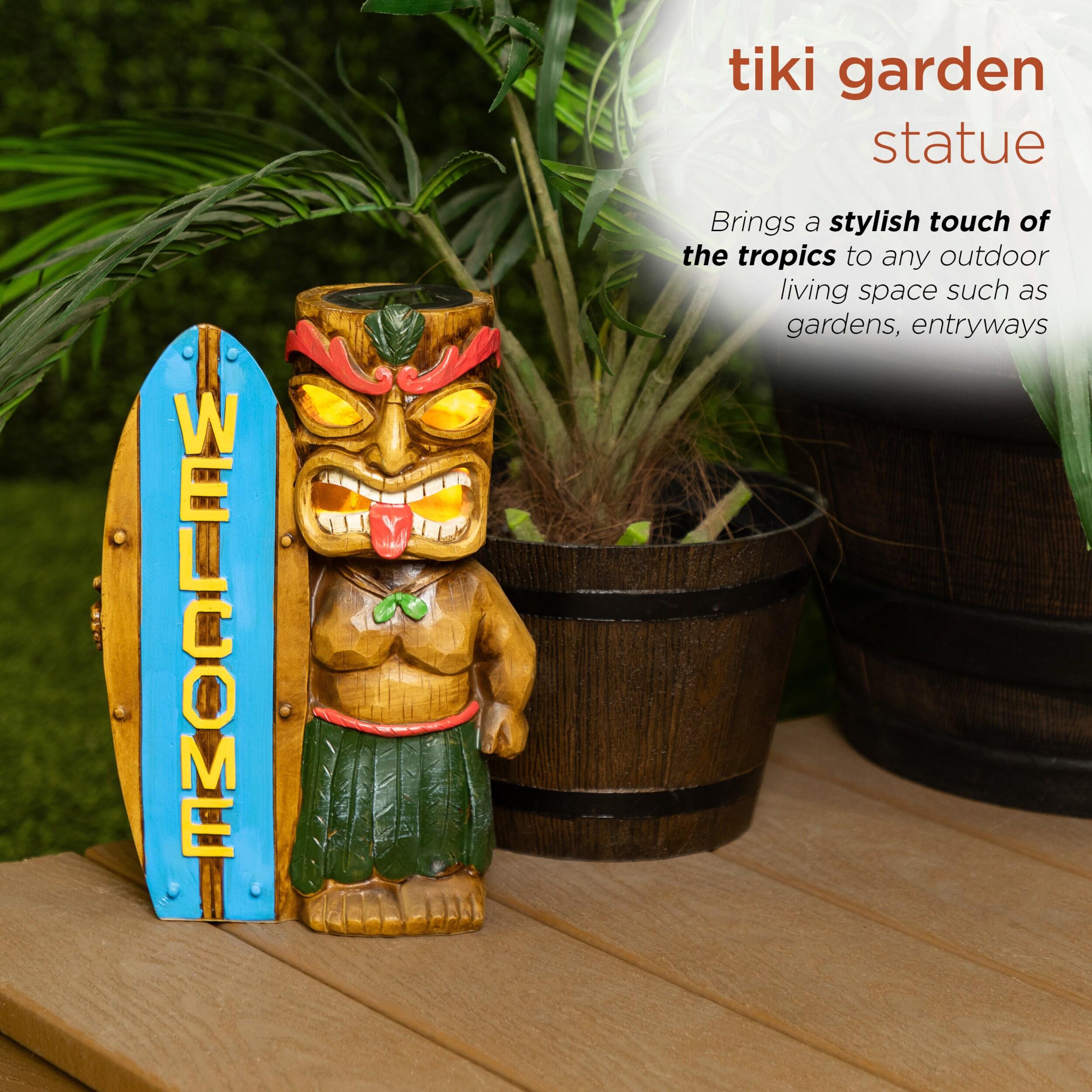 Alpine Corporation Solar Tiki with Welcome Surf Board Statuary and LED Lights