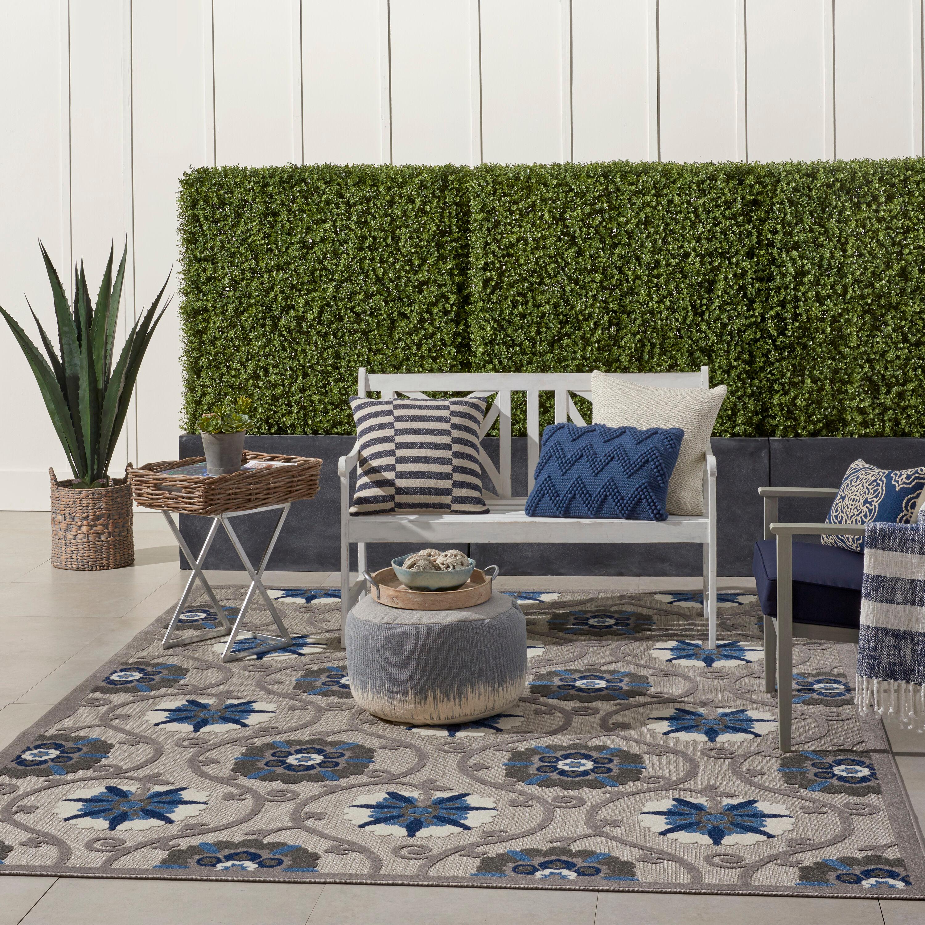 Nourison Aloha Contemporary Floral Flatweave High-Low Indoor Outdoor Area Rug Grey/Blue 7'10" x 10'6"