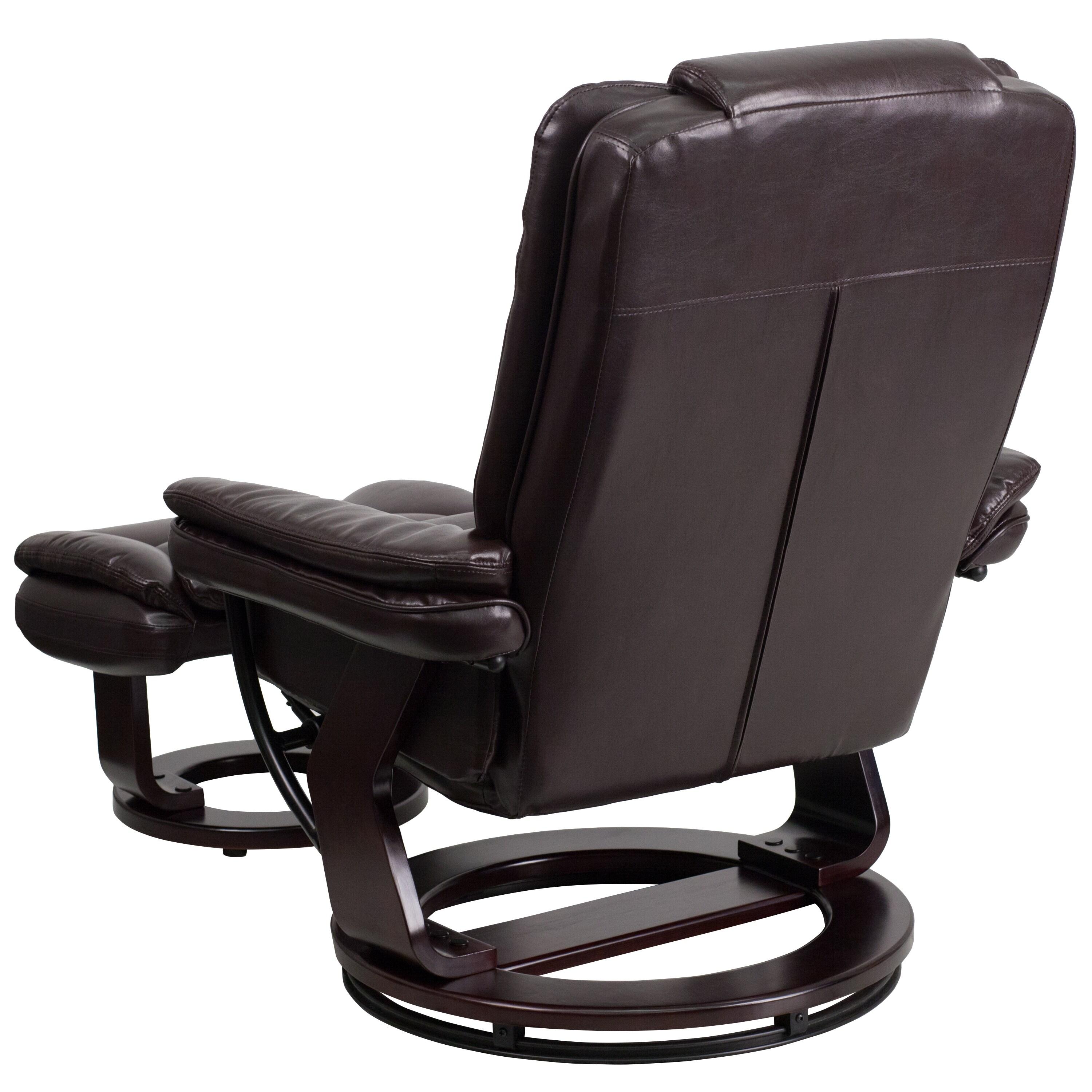 BizChair Contemporary Multi-Position Recliner with Horizontal Stitching and Ottoman with Swivel Mahogany Wood Base in Brown LeatherSoft