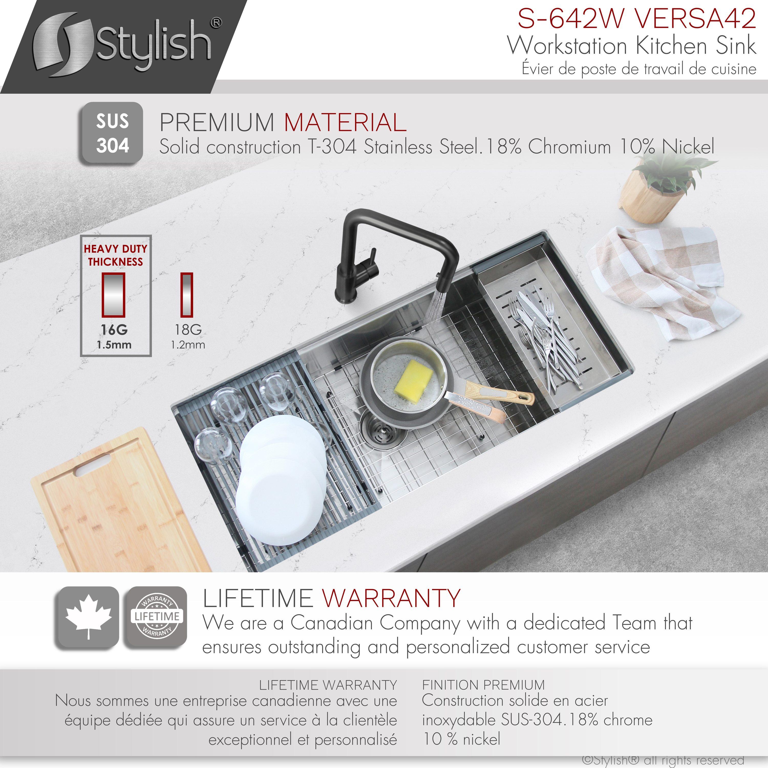 Versa STYLISH 42 inch Stainless Steel Workstation 70/30 Double Bowl Undermount Kitchen Sink with Accessories included