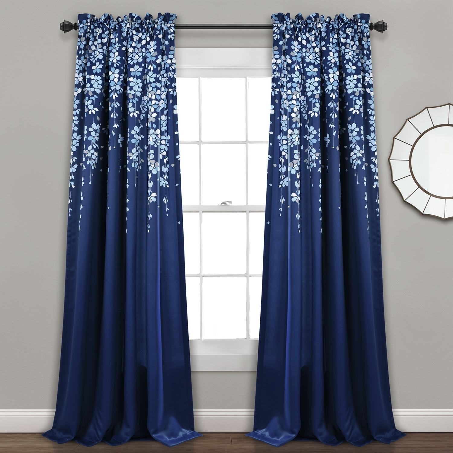Lush Decor Weeping Flower Bright Colorful Floral Print 3" Rod Pocket Room Darkening Window Curtain Panel, Navy, 95"L x 52"W + 2" Header, Set of 2