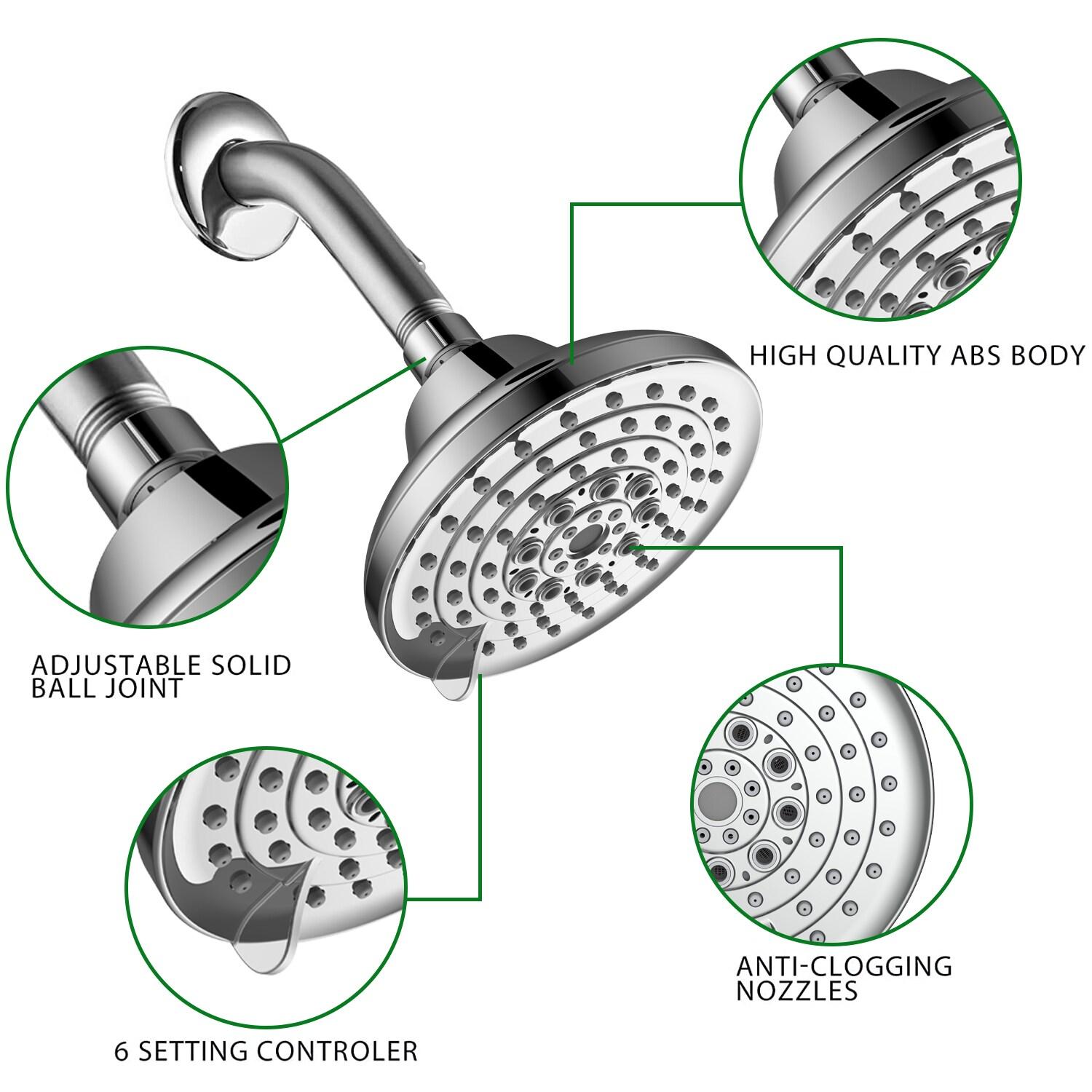 COUOKO 5" Rain Adjustable Shower Head Round 6 Spray Settings High Pressure Shower Head  FG102207