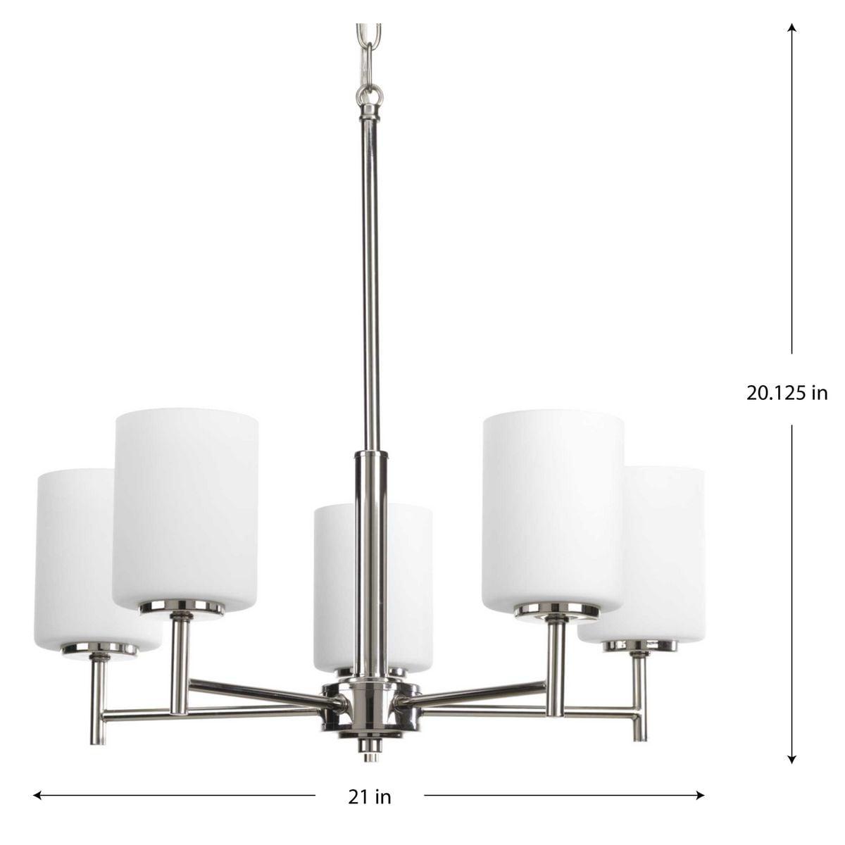 Progress Lighting Replay 5-Light Chandelier, Steel, Polished Nickel, White Glass Shades