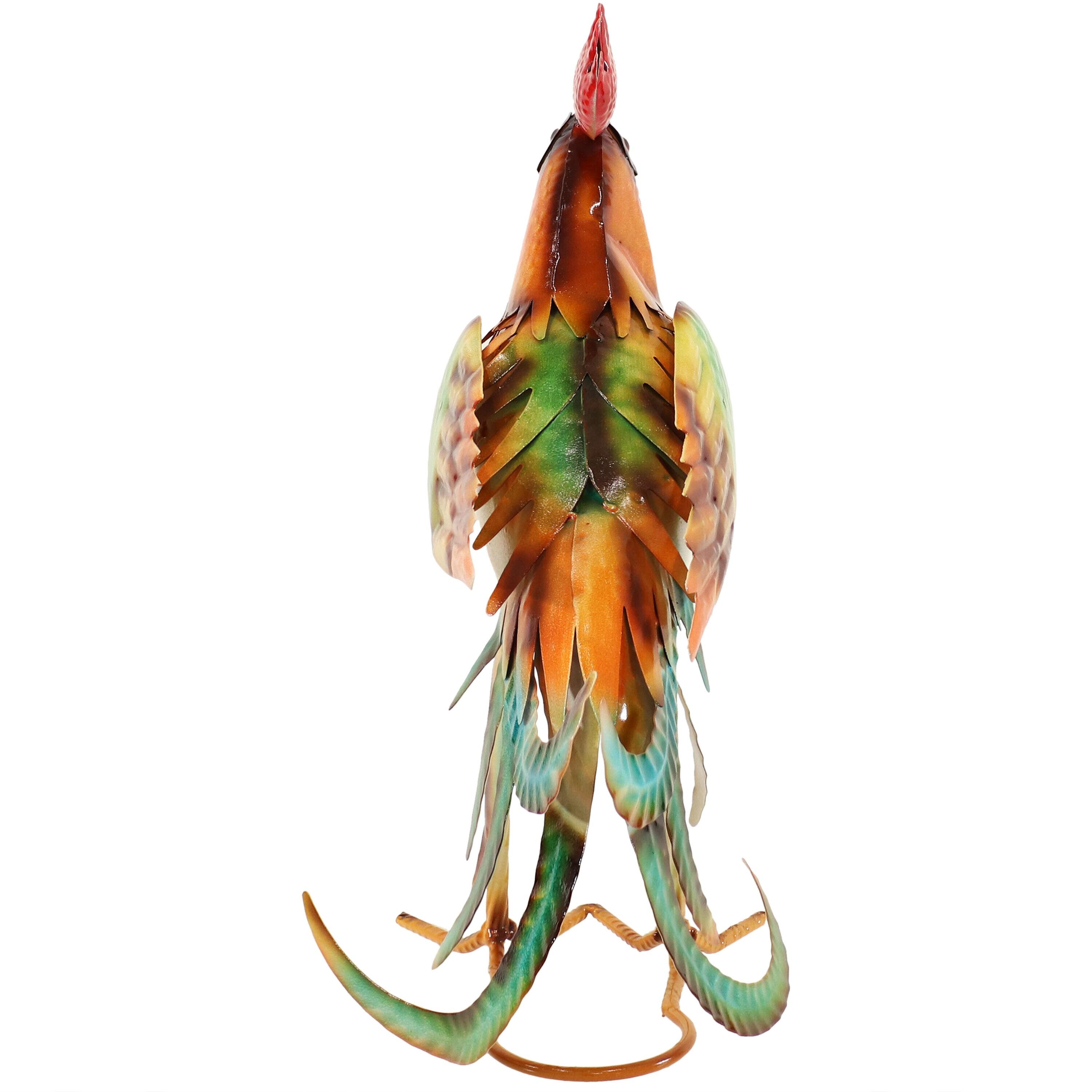 Sunnydaze Romeo the Rooster Metal Outdoor Statue - 16" – Red, Orange, Yellow, and Green