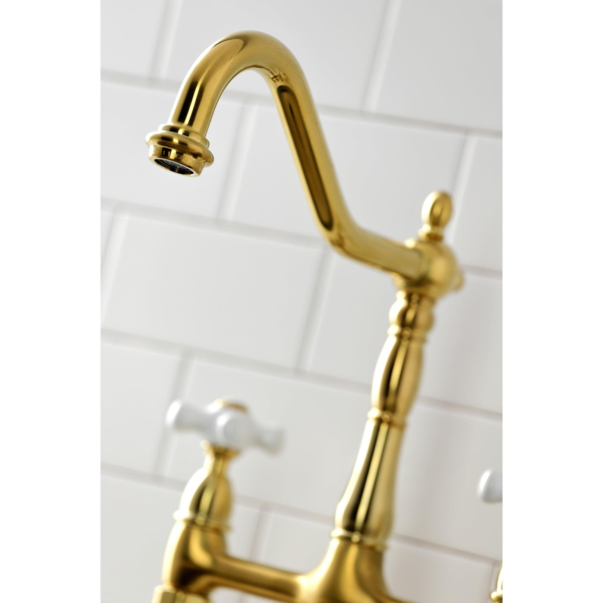 Kingston Brass Heritage Two-Handle 4-Hole Deck Mount Bridge Kitchen Faucet with Brass Side Sprayer