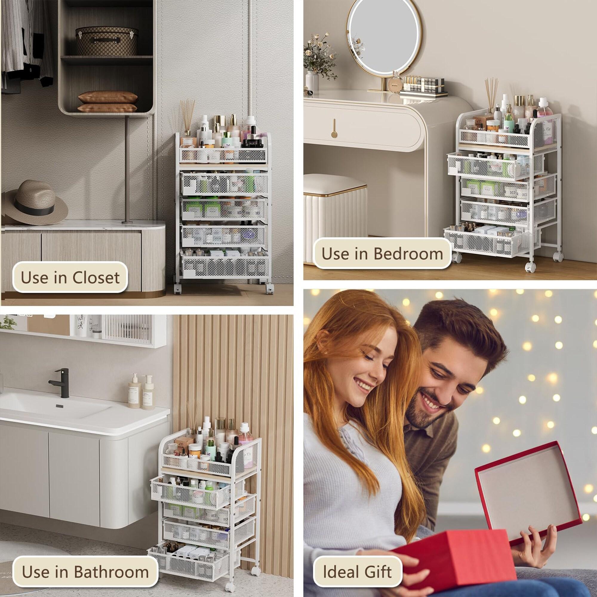 Makeup Organizer with 4 Drawers, Skincare Storage, Floor Skincare Organizers with Wheels