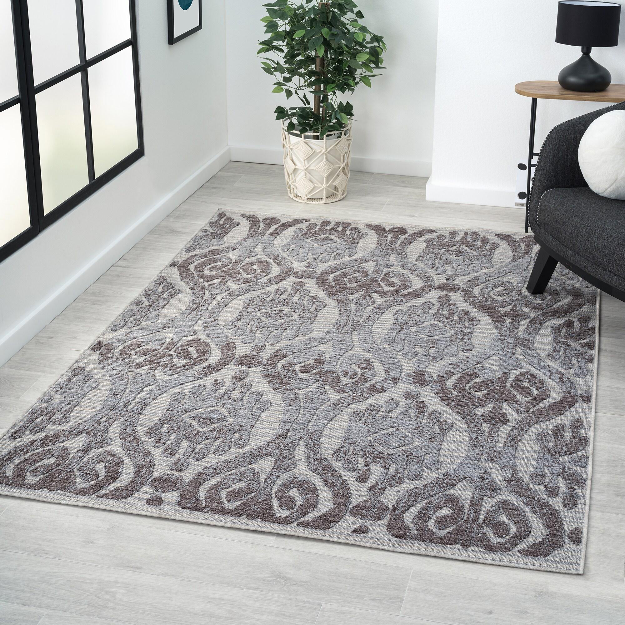5 x 7 ft. Blue & Gray Damask Indoor & Outdoor Rectangle Area Rug - Blue and Gray - 5 x 7 ft.