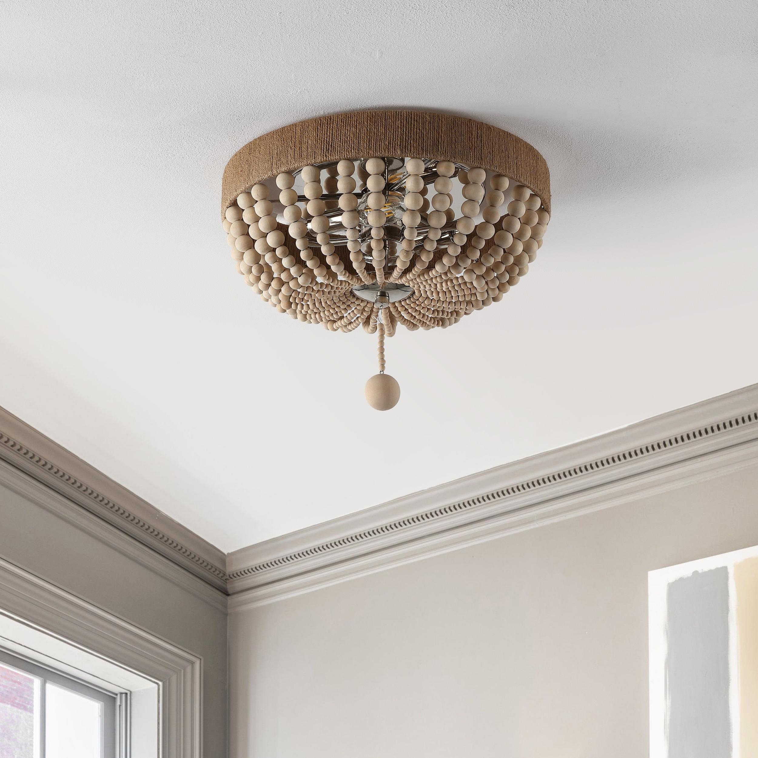 JONATHAN Y Justina Wood Bead 14" 2-Light Farmhouse Bohemian Iron LED Flush Mount, Light Taupe/Chrome, JYL1307A