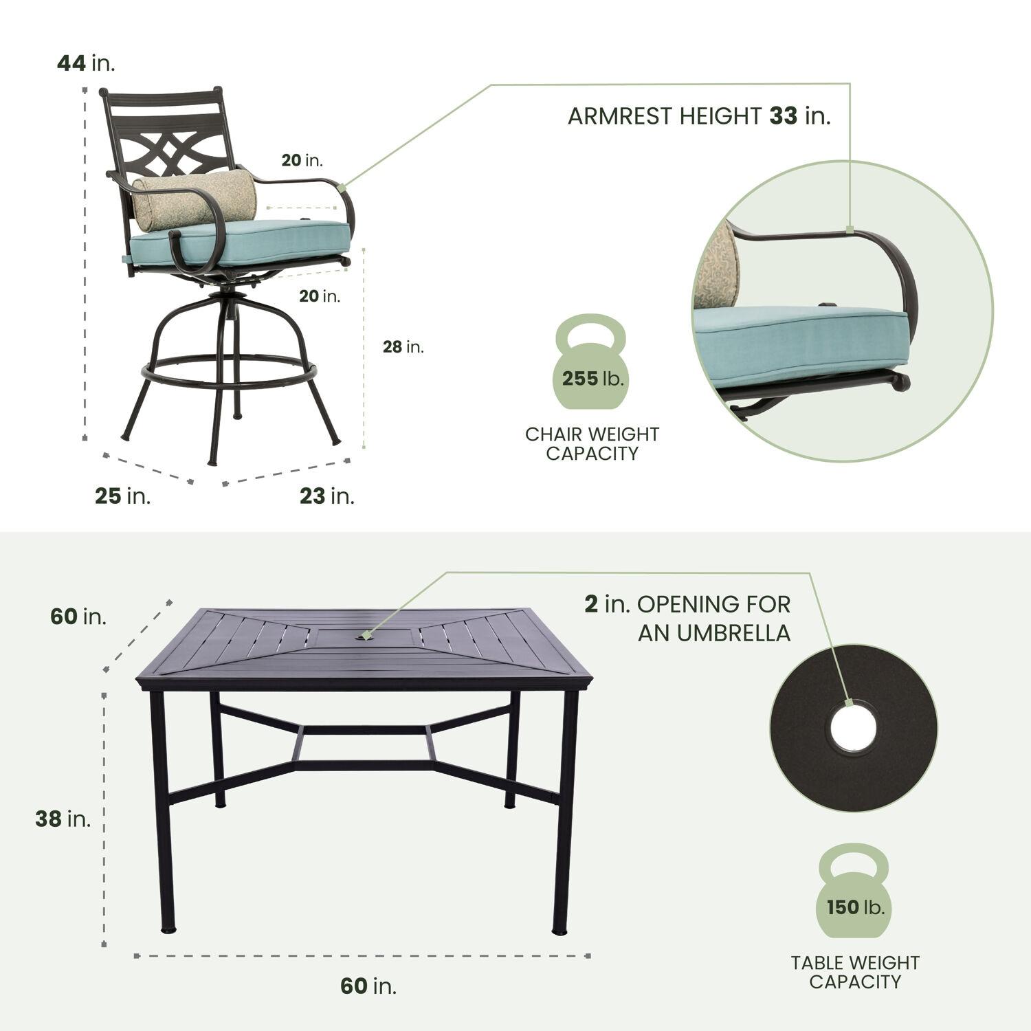 Hanover Montclair 9-Piece High-Dining Set in Ocean Blue with 8 Counter-Height Swivel Chairs and 60-Inch Square Table