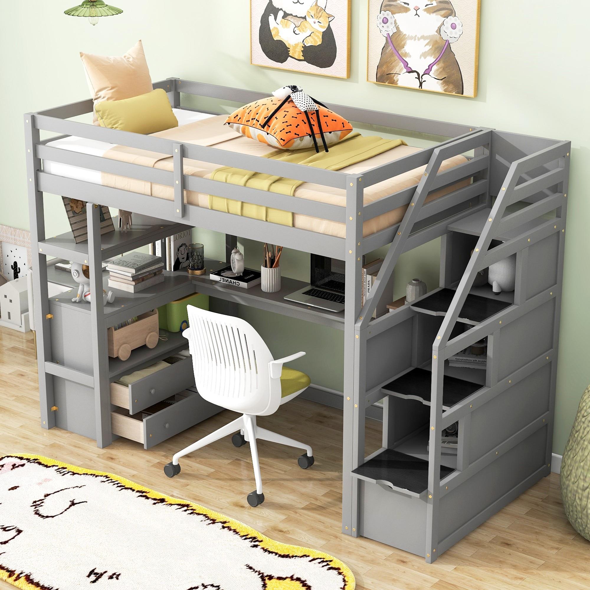 Stairway Twin Size Loft Bed with L Shape Desk, Shelves, Two Tier Drawers and Storage Staircase, Gray