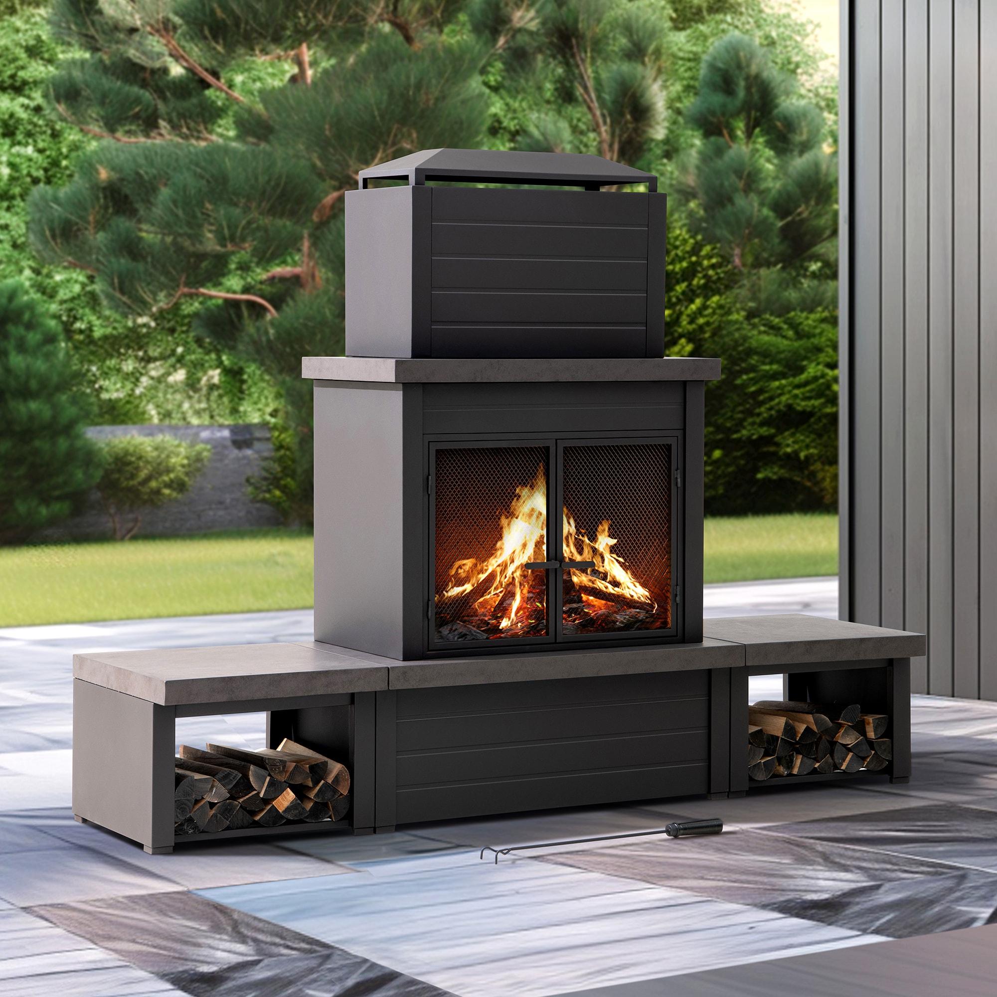 Matte Black Steel Wood-Burning Outdoor Fireplace with Chimney