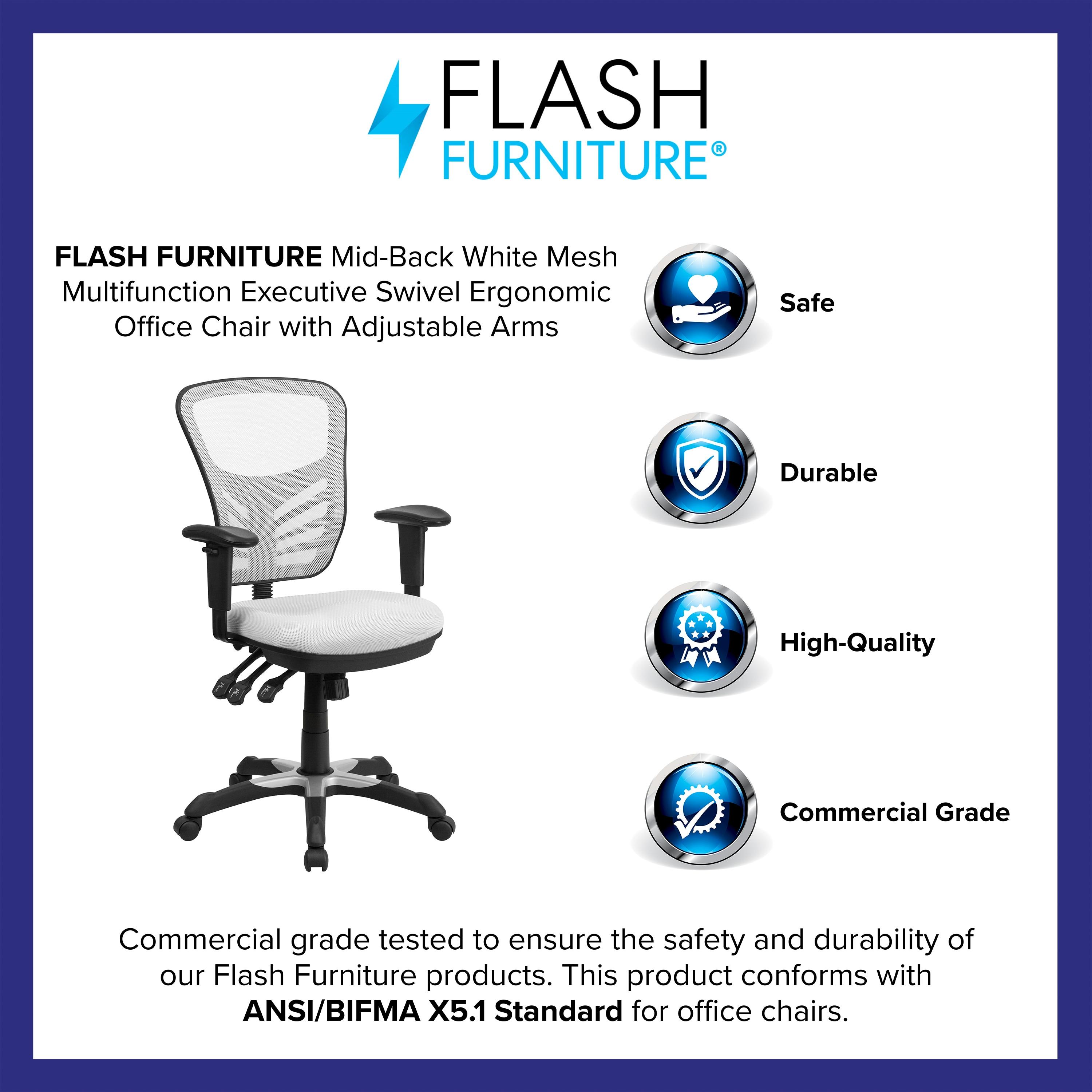 Flash Furniture Mid-Back White Mesh Multifunction Executive Swivel Ergonomic Office Chair with Adjustable Arms