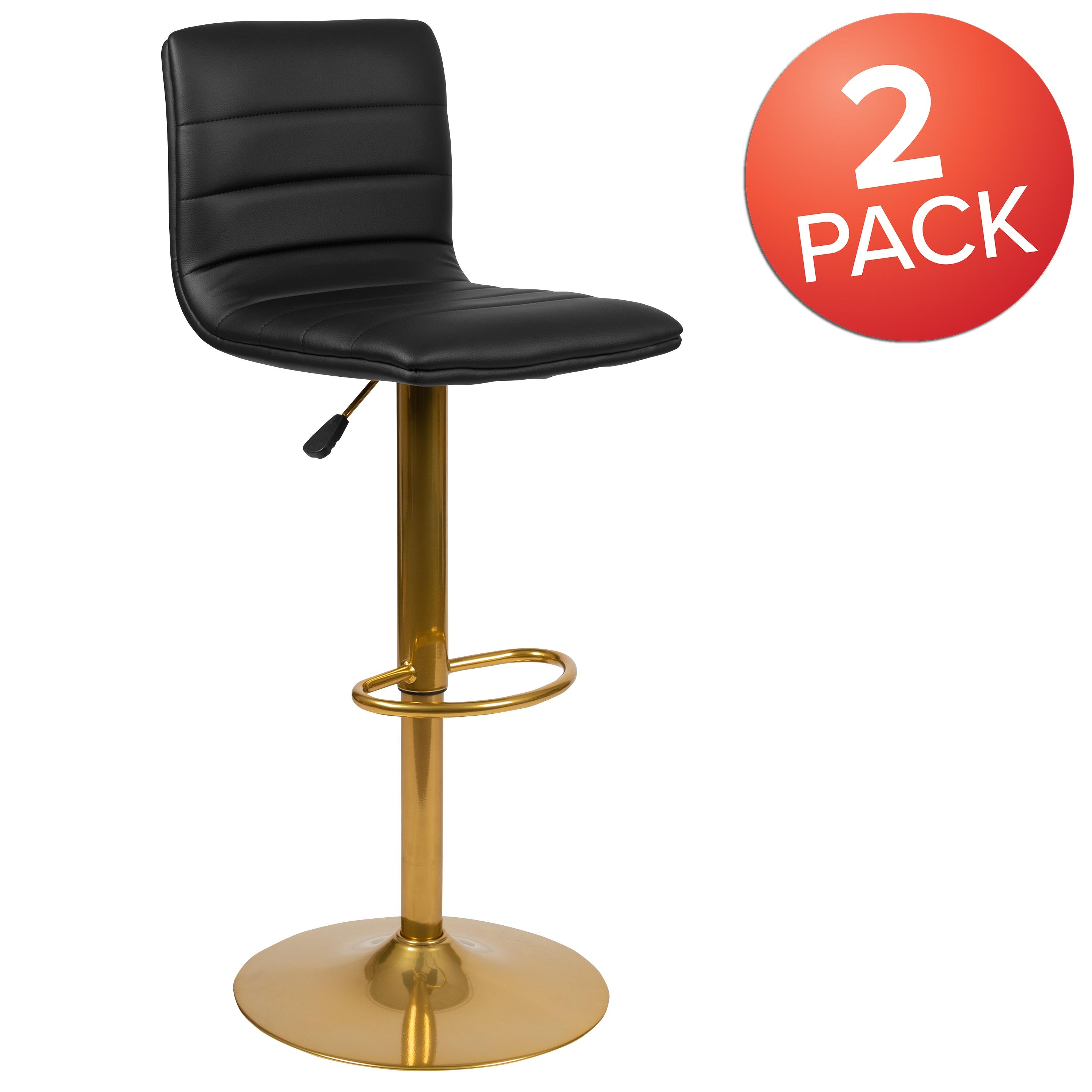 Flash Furniture Modern Black Vinyl Adjustable Bar Stool with Back, Counter Height Swivel Stool with Gold Pedestal Base, Set of 2