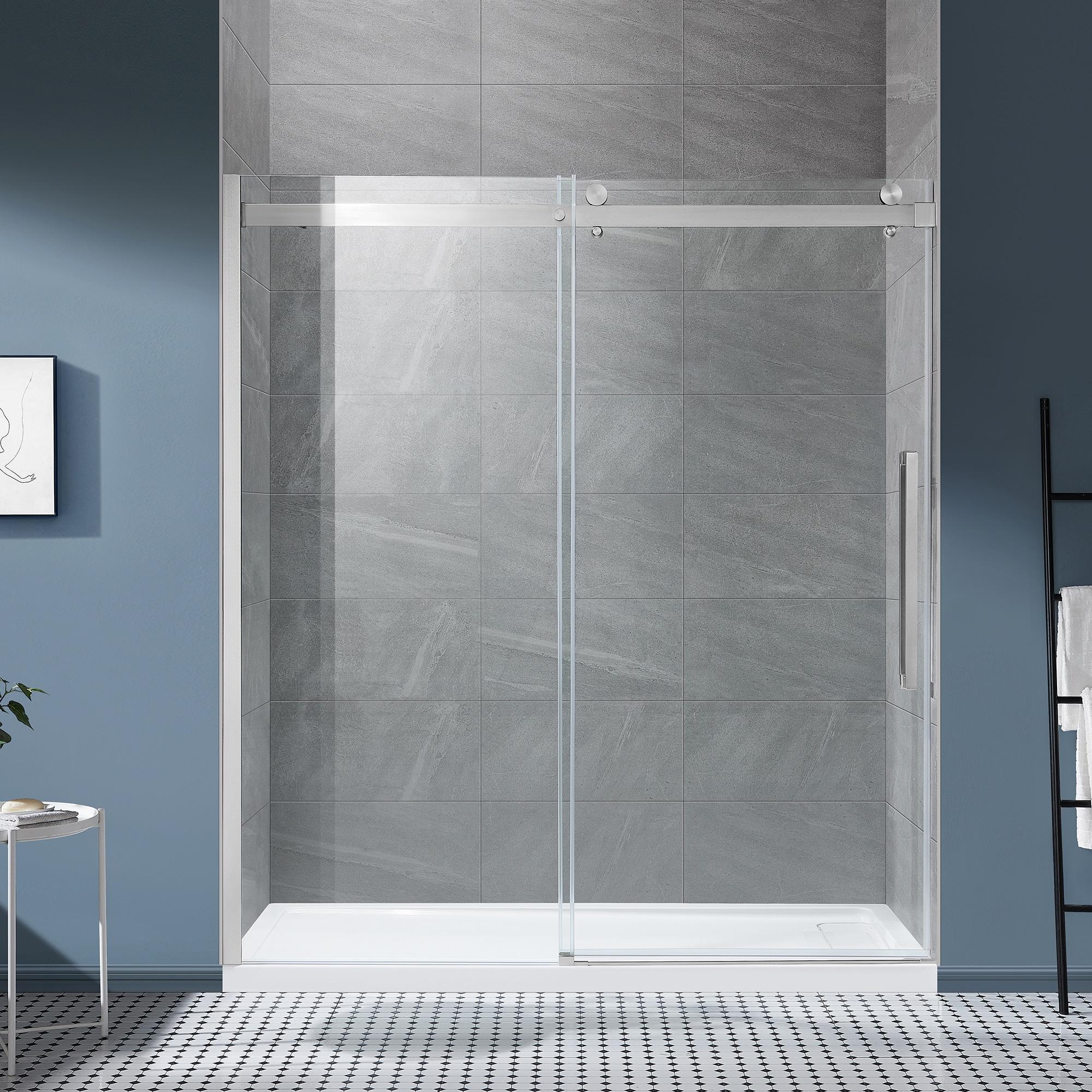 OVE Decors Bel Soft Close Satin nickel 72-in W x 78.75-in H Frameless Clear Glass Sliding Soft Close Shower door
