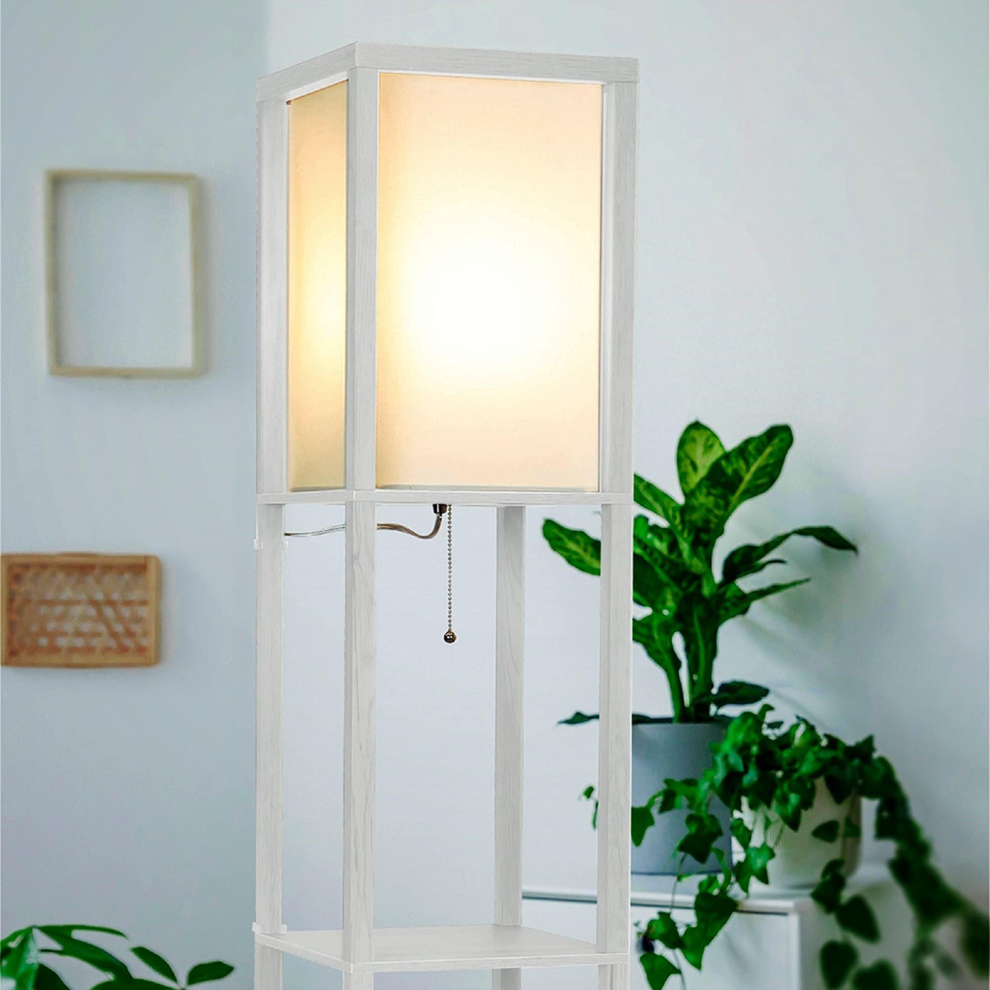 Brightech Maxwell - Modern LED Shelf Floor Lamp - Skinny End Table & Nightstand for Bedroom - Combo Narrow Side Table with Standing Accent Light Attached - Asian Tower Book Shelves - White