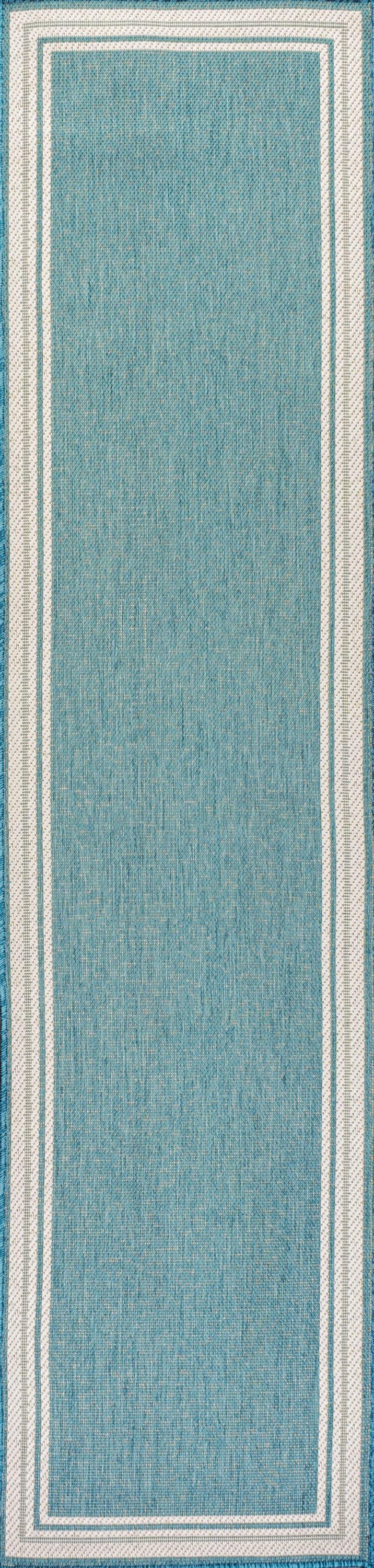 2' x 8' James Modern Border Stripe Indoor/Outdoor Runner Rug, Aqua/Beige - JONATHAN Y