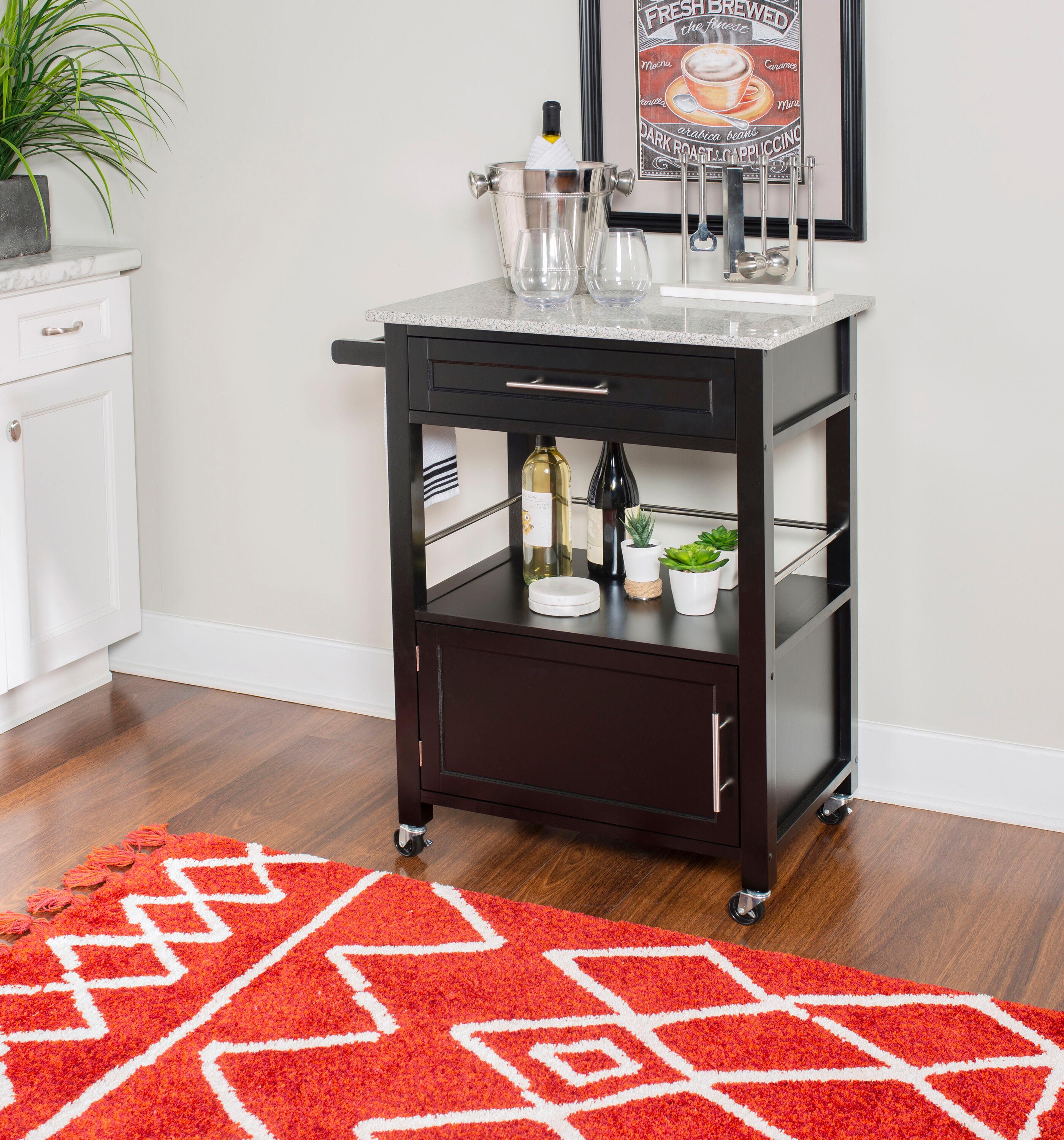 Mitchell Black Wood Granite Top Kitchen Cart: Storage, Towel Bar, Locking Casters - Linon