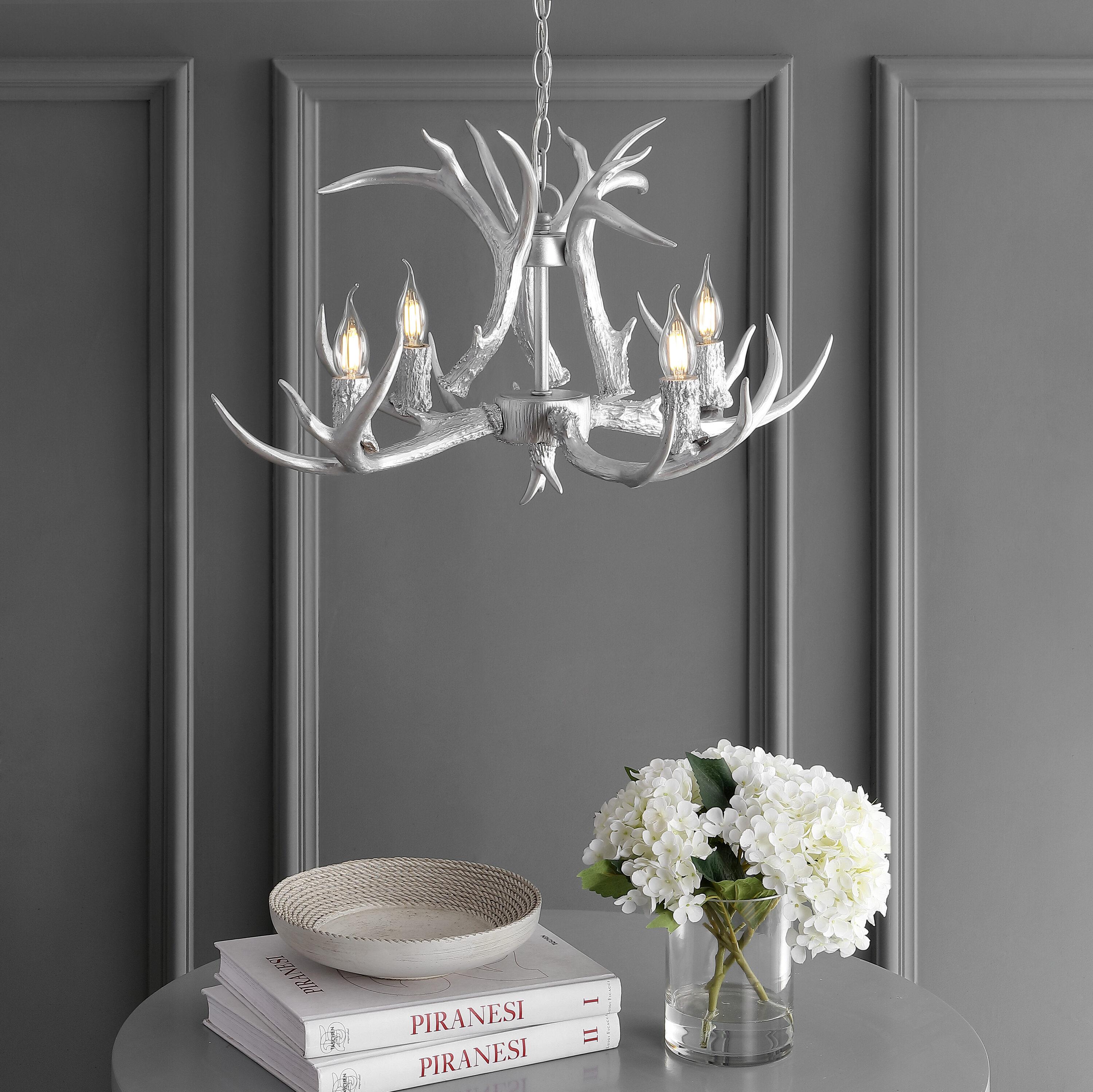JONATHAN Y JYL6301C Eldora 26" Adjustable Resin Antler 4-Light LED Chandelier, Farmhouse, Glam, Transitional, Rustic, Cottage for living room, dinning room, bedroom, office Bulb Included, Silver