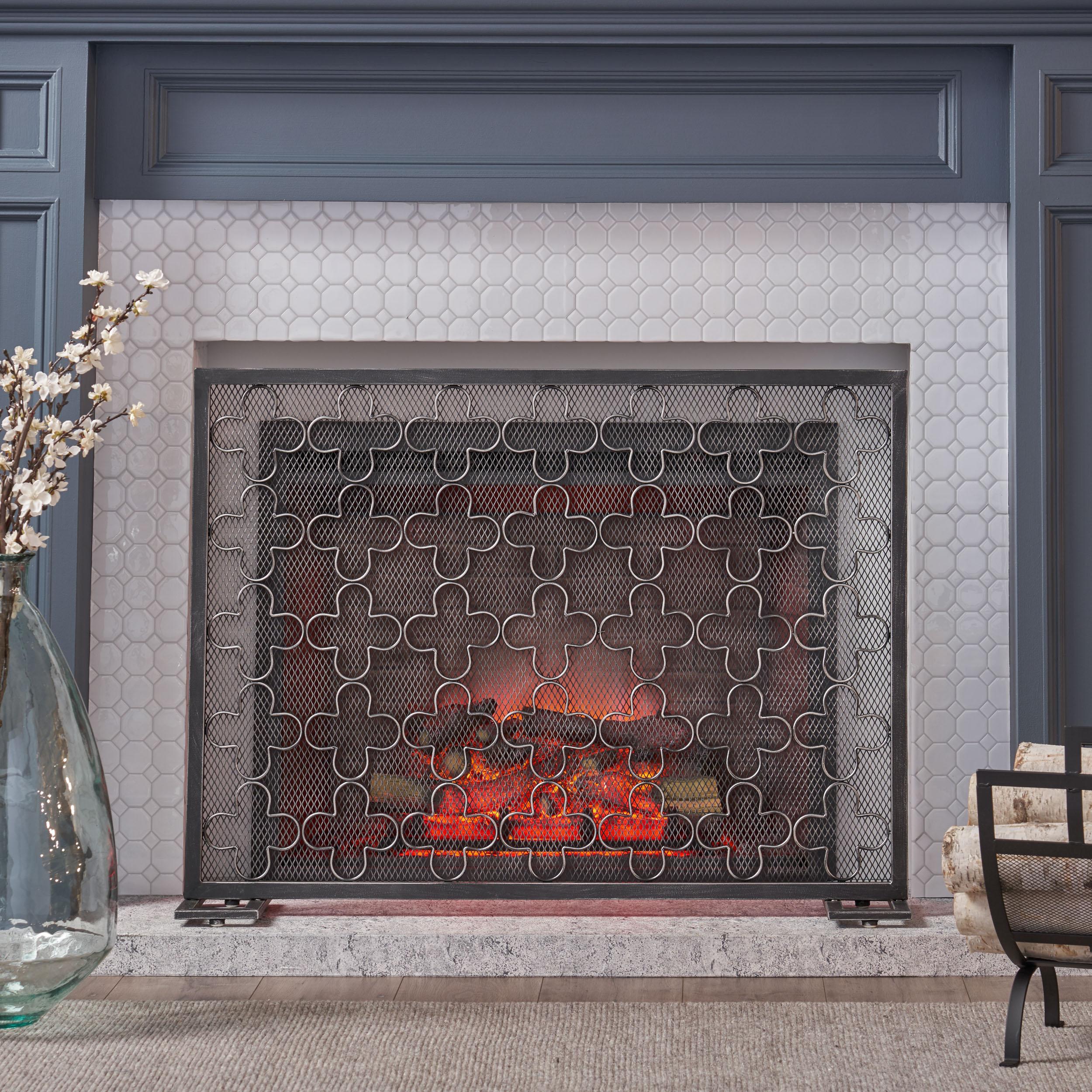 GDF Studio Pepperwood Modern Single Panel Iron Fireplace Screen, Black Brushed Silver