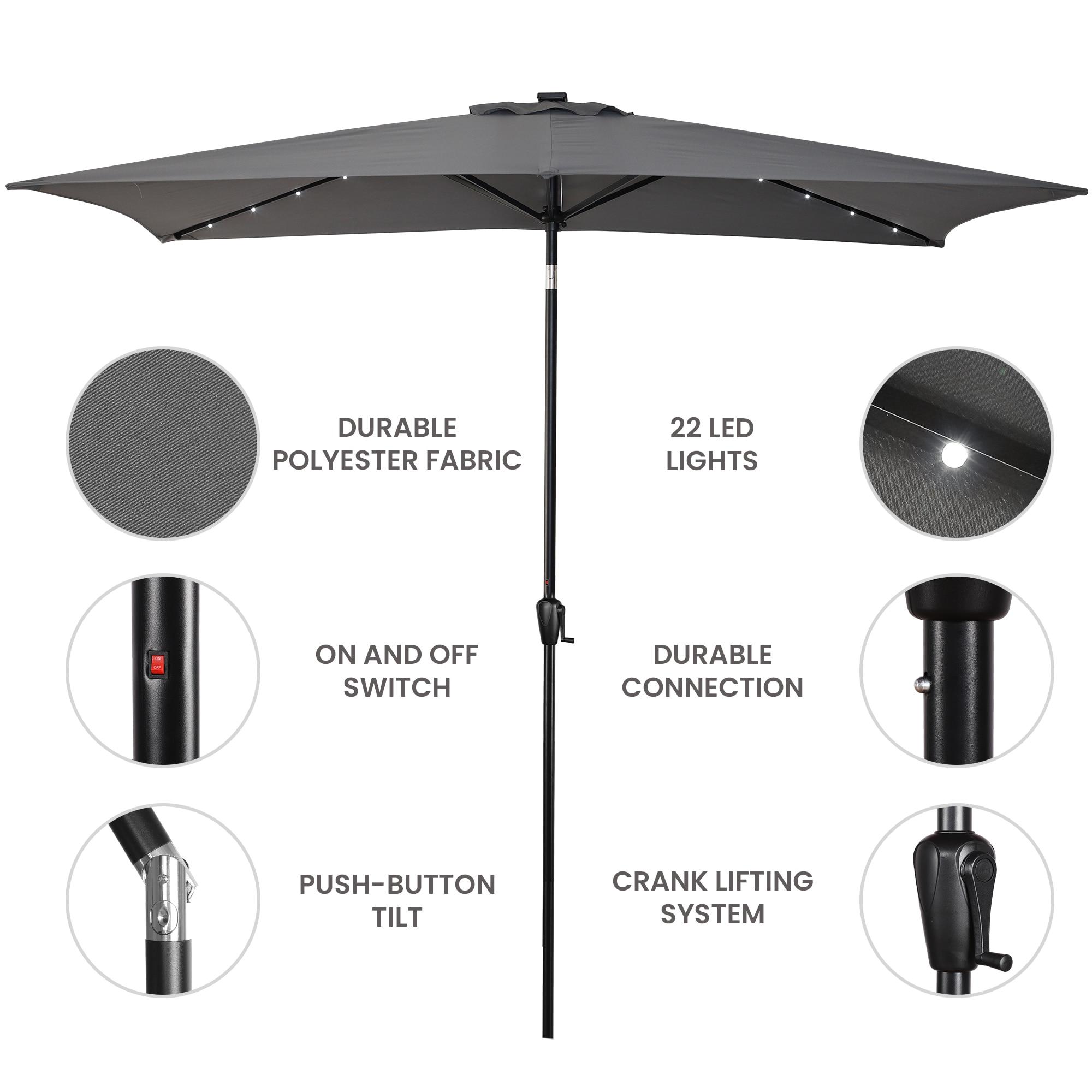 Sun-Ray 6.6x10 FT Solar LED Rectangular Patio Umbrella with Push-Button Tilt and Hand Crank Canopy Lift, Table Umbrella with Solution Dyed Navy Fabric for Porch, Deck, Garden, and Swimming Pool, Grey