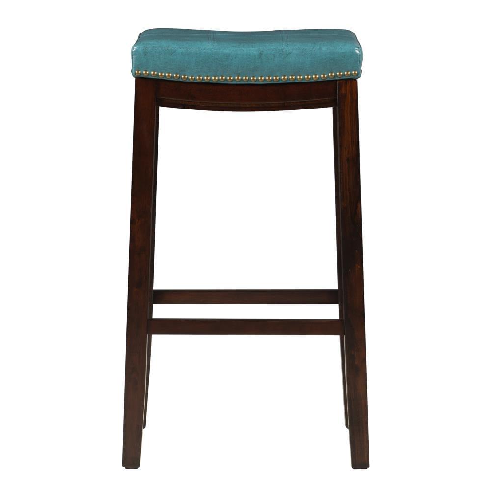 Linon Claridge Backless Bar Stool Blue Faux Leather Wood Frame in Brown Finish