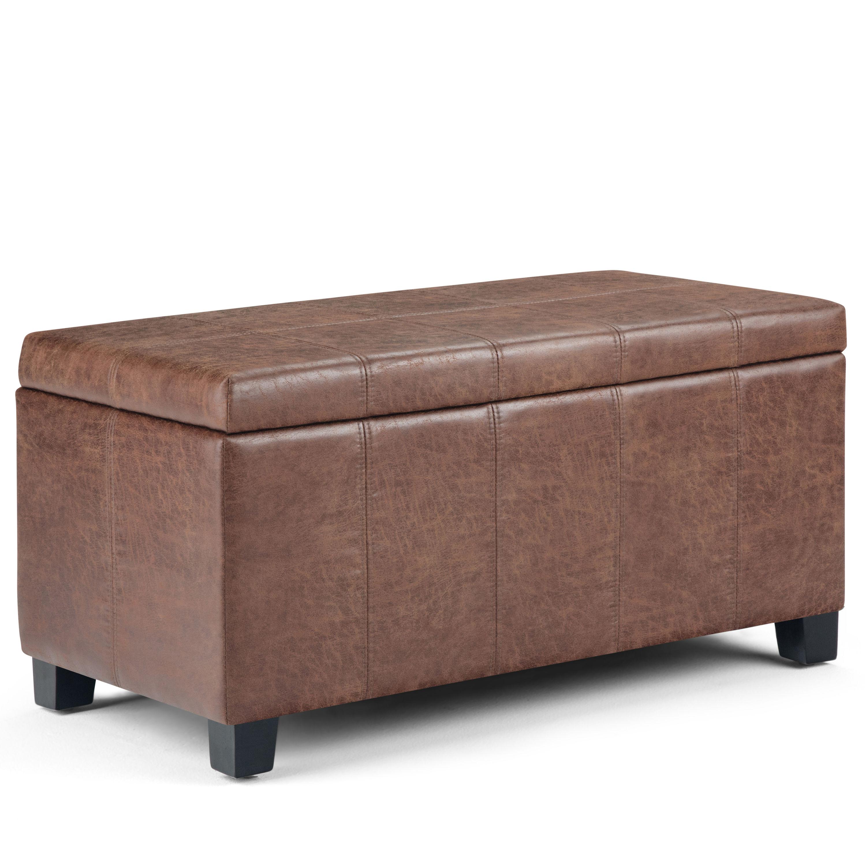 Simpli Home Dover Faux Leather Storage Ottoman Bench in Umber Brown