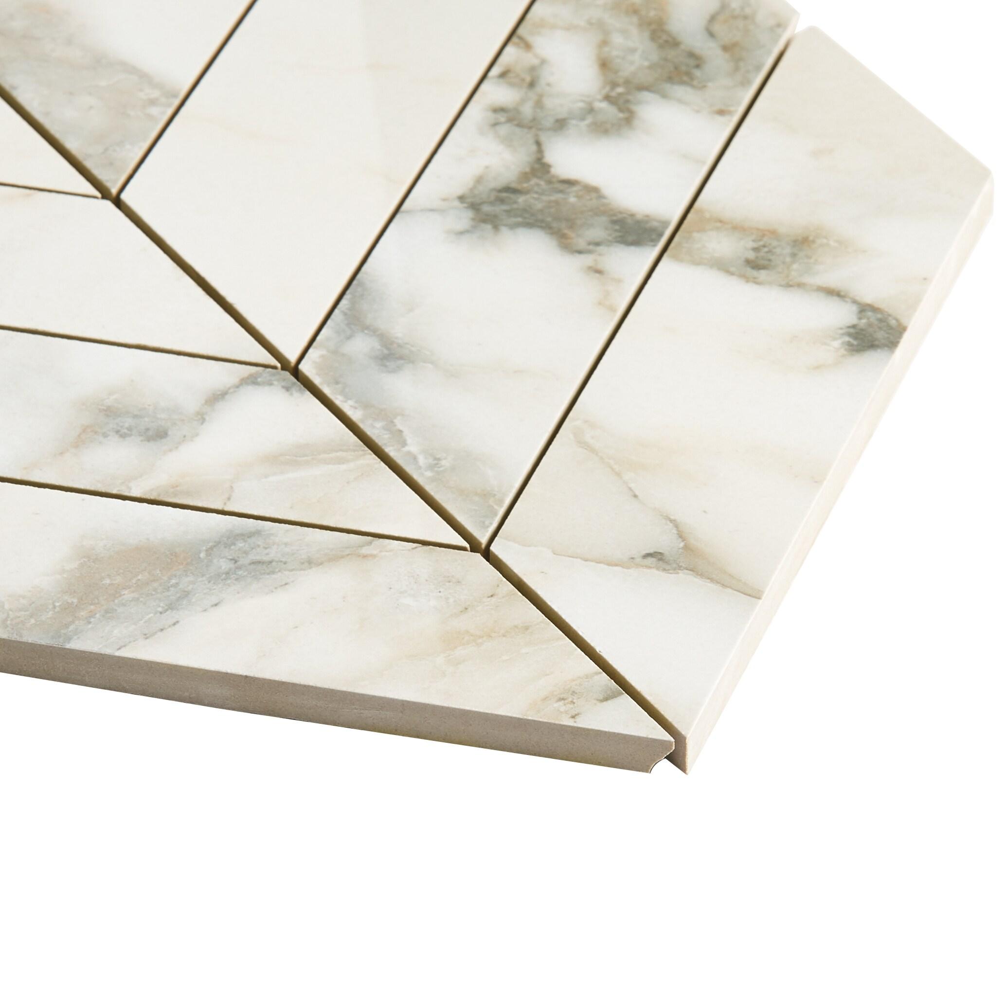 Saroshi 11.02 in. x 11.22 in. Polished Porcelain Marble Look Heringbone Floor and Wall Mosaic Tile