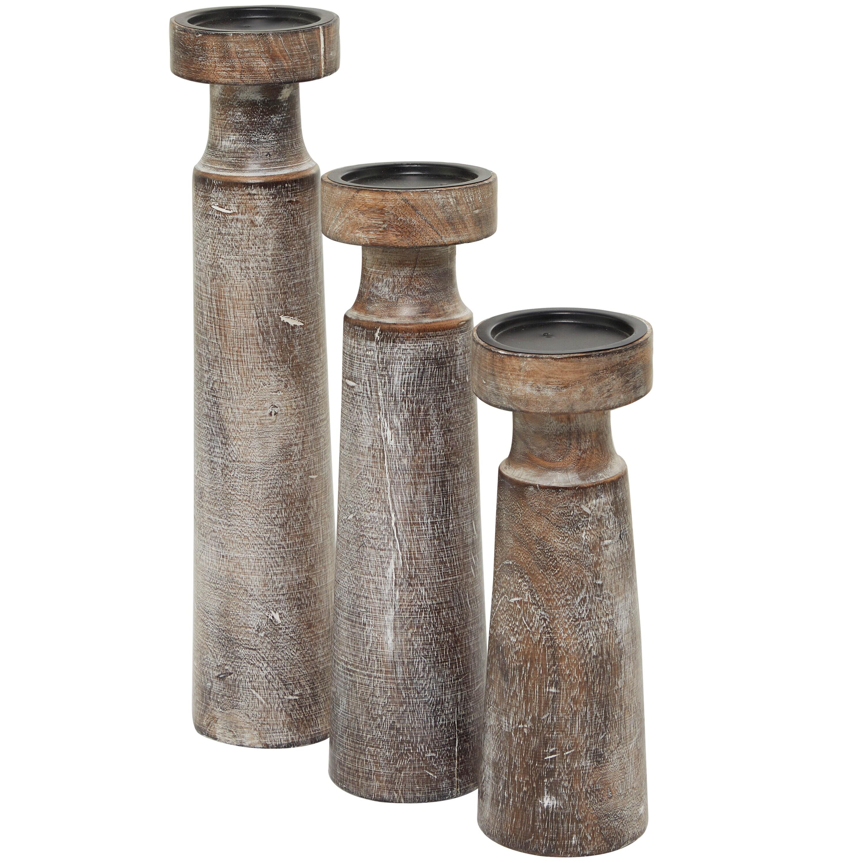 Olivia & May Set of 3 Rustic Cylindrical Mango Wood Candle Holders Brown: Modern Decor, Fits Pillar Candles
