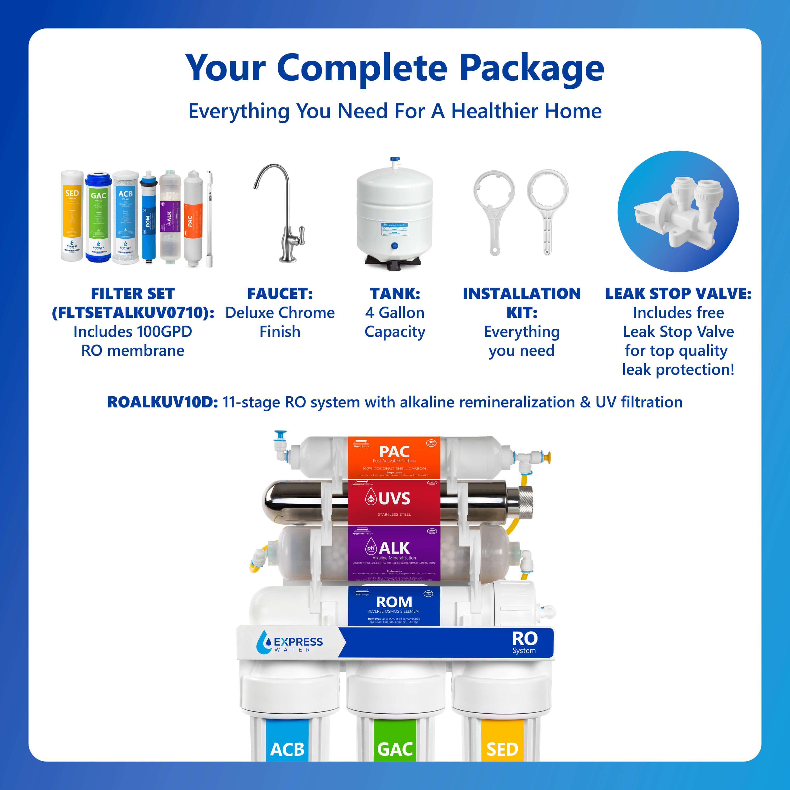 Express Water UV Reverse Osmosis Water Filtration System – 11 Stage UV Water Filter Deluxe Chrome Faucet & Tank – Under Sink Water Filter with Alkaline Filter for added Essential Minerals – 100 GDP