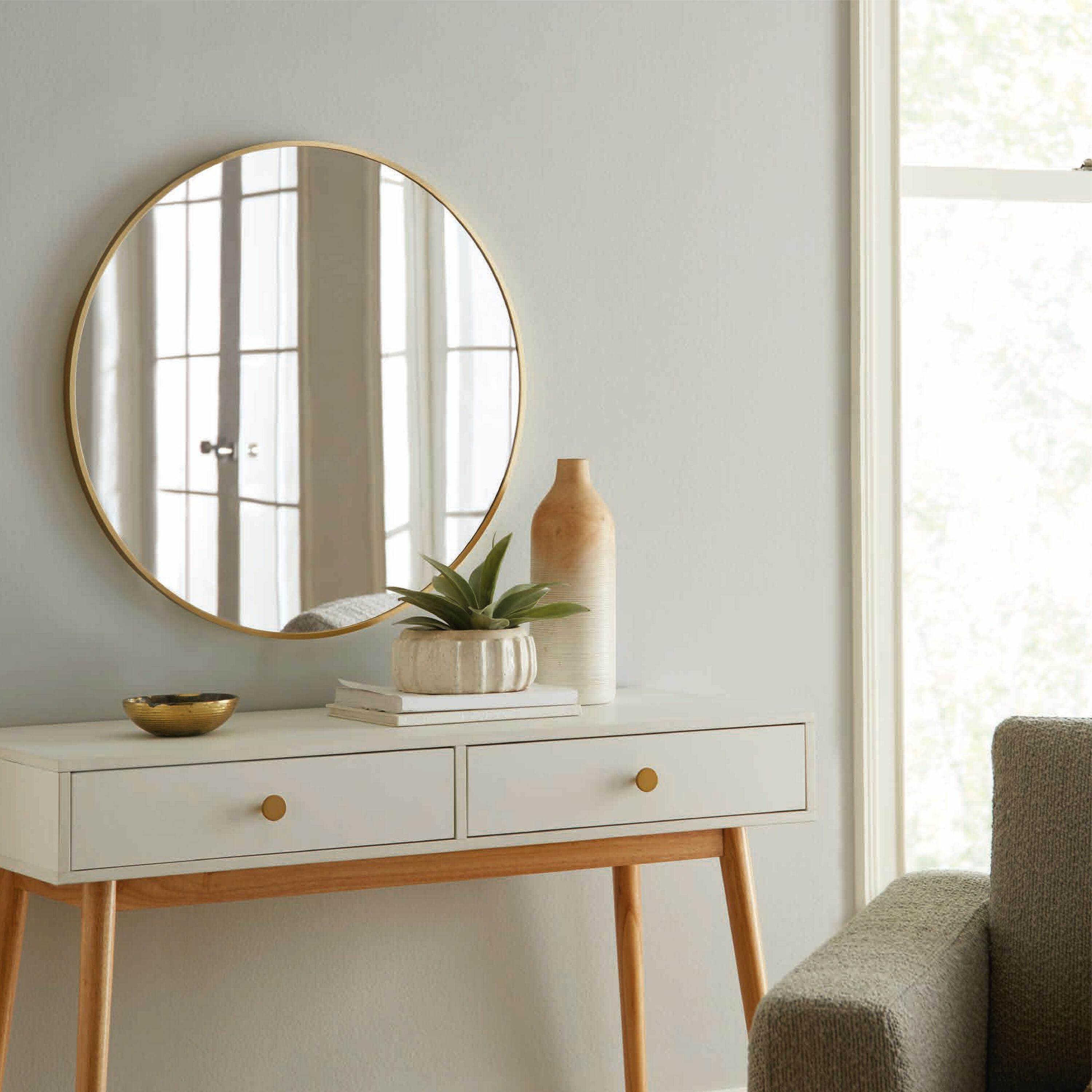 28" Rollo Round Wall Mirror Gold - Kate & Laurel All Things Decor: Modern Style, Metal Frame, No Assembly Required