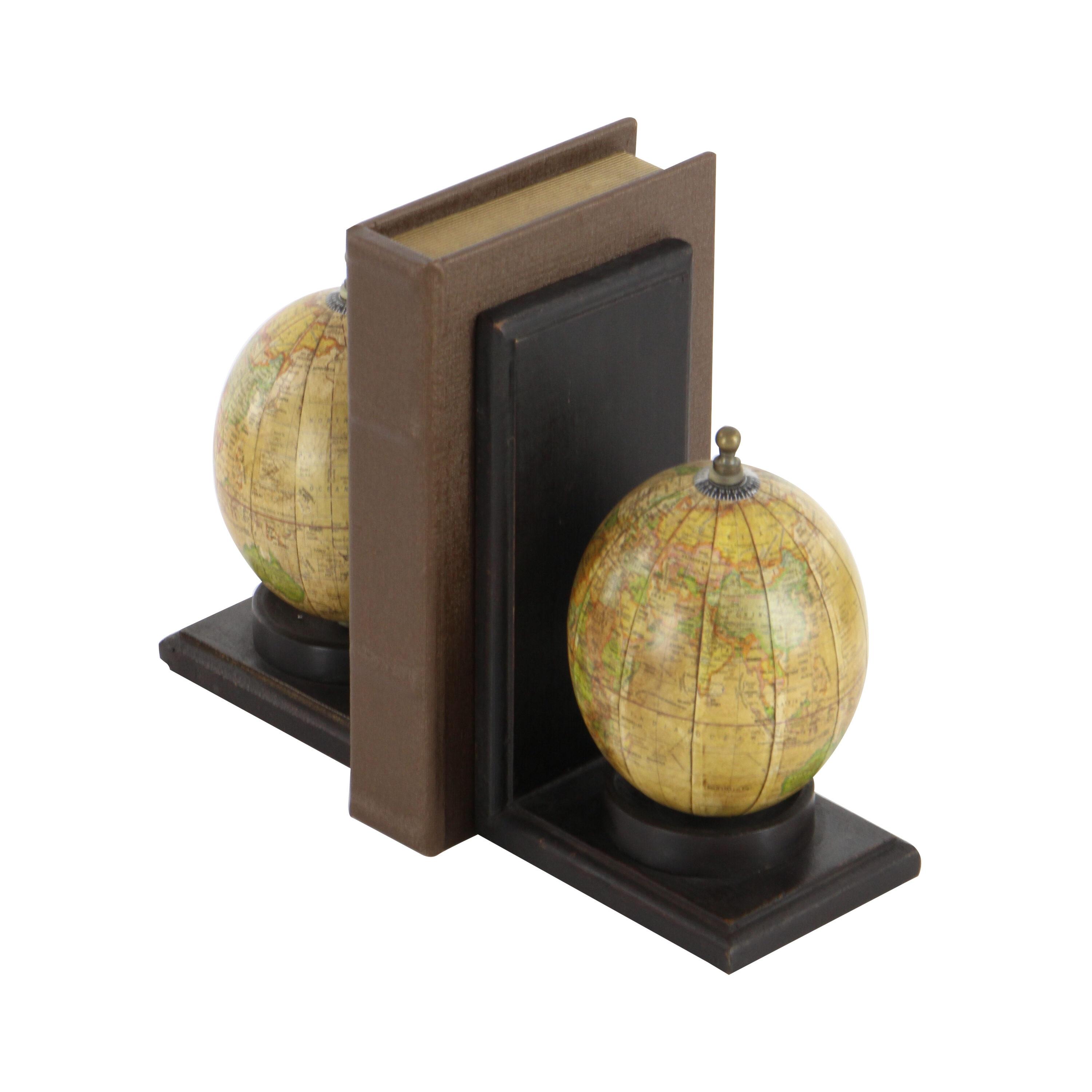 DecMode 6" Globe World Map Brown Wood Bookends (Set of 2)