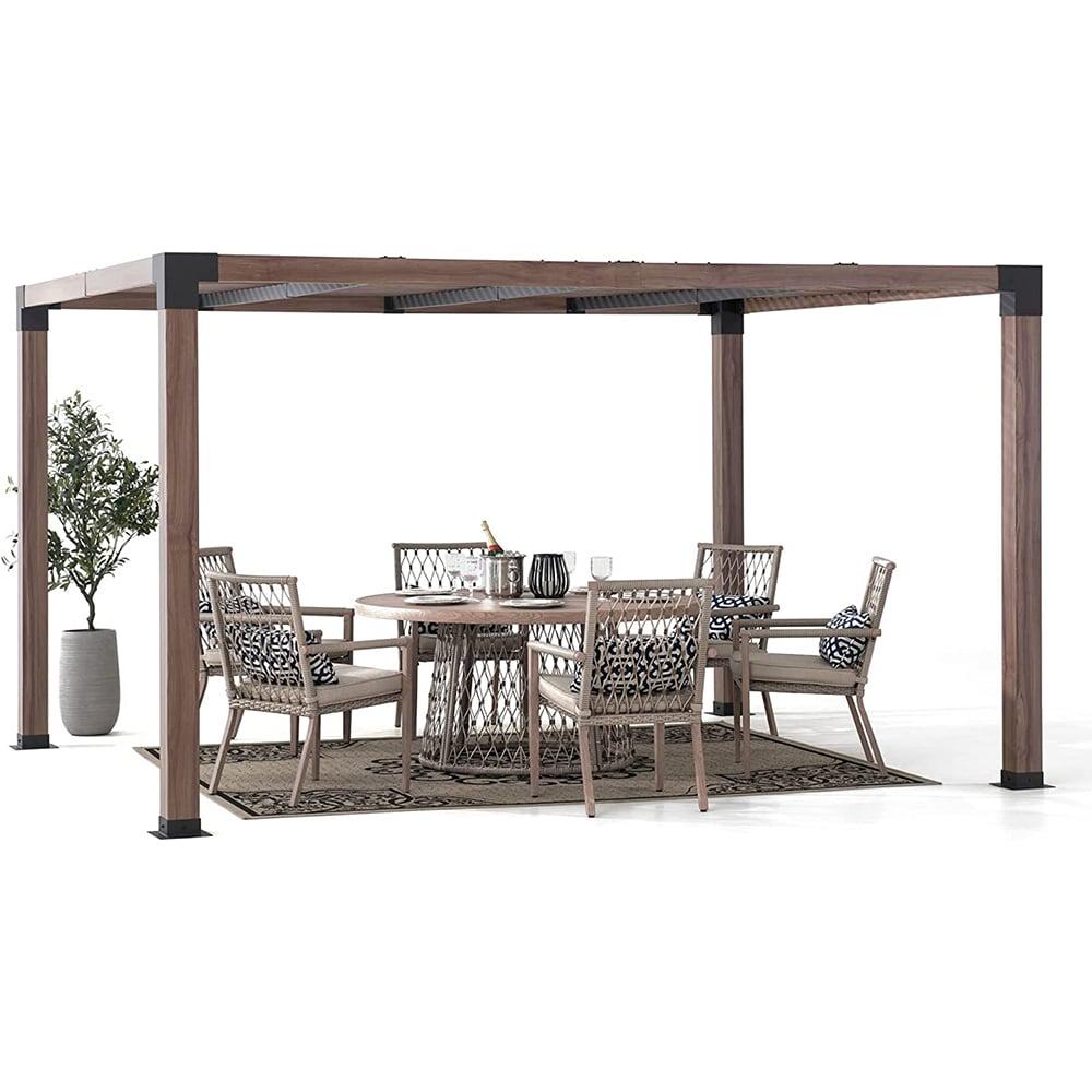 Sunjoy Outdoor Pergola 10 x 12 ft. Steel Frame Pergolas with Nature Wood Grain Finish for Patio, Garden and Backyard Activities