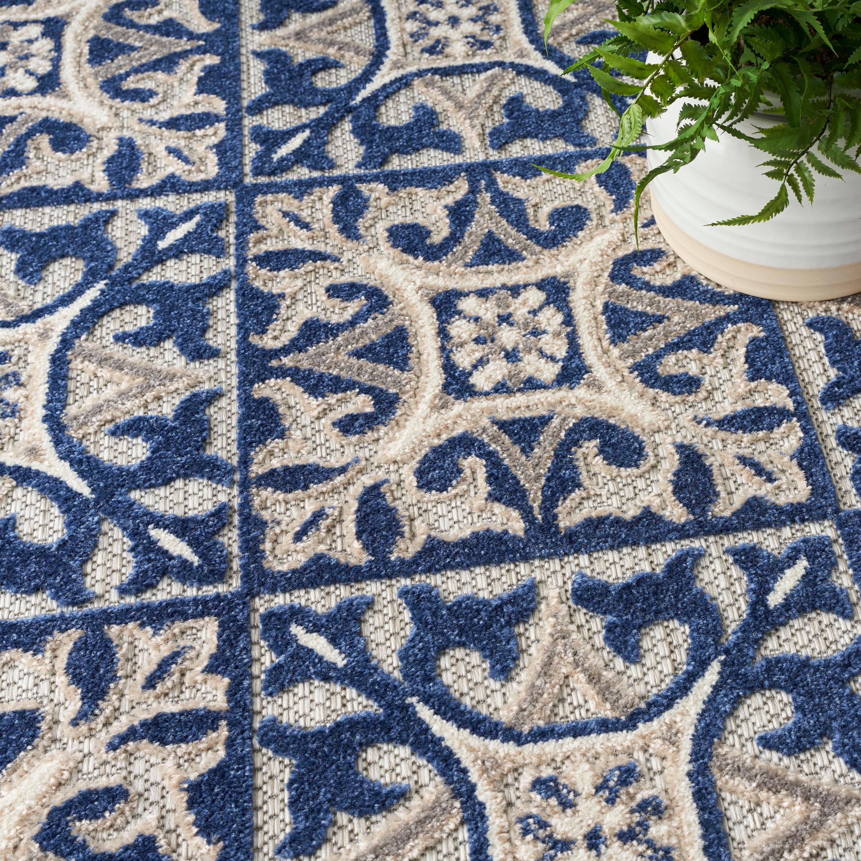 Nourison Aloha Modern Mosaic Flatweave High-Low Indoor Outdoor Area Rug Blue 9' x 12'